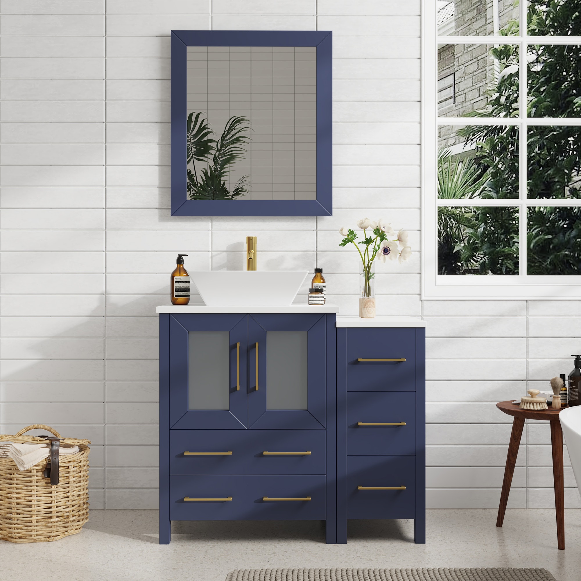 Vanity Art VA3124-36B Ravenna 36-in Blue Single sink Bathroom Vanity with White Engineered marble Top (Mirror Included)