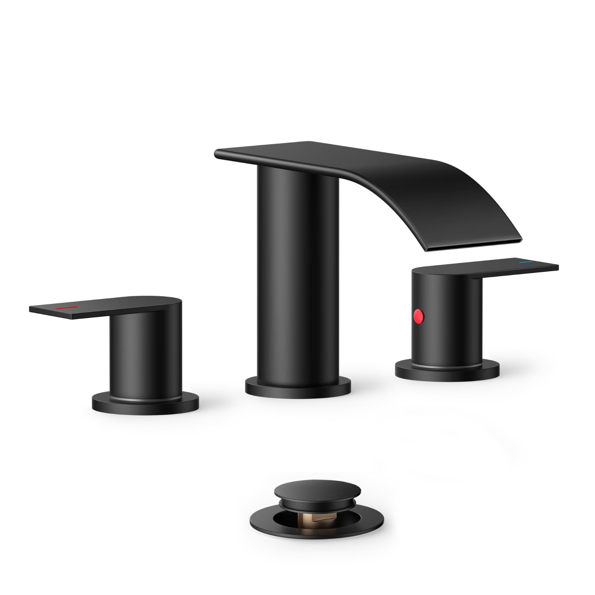 FURUISI LL03107B Matte Black Widespread 2-handle Waterfall Commercial/Residential Handle Bathroom Sink Faucet with Drain
