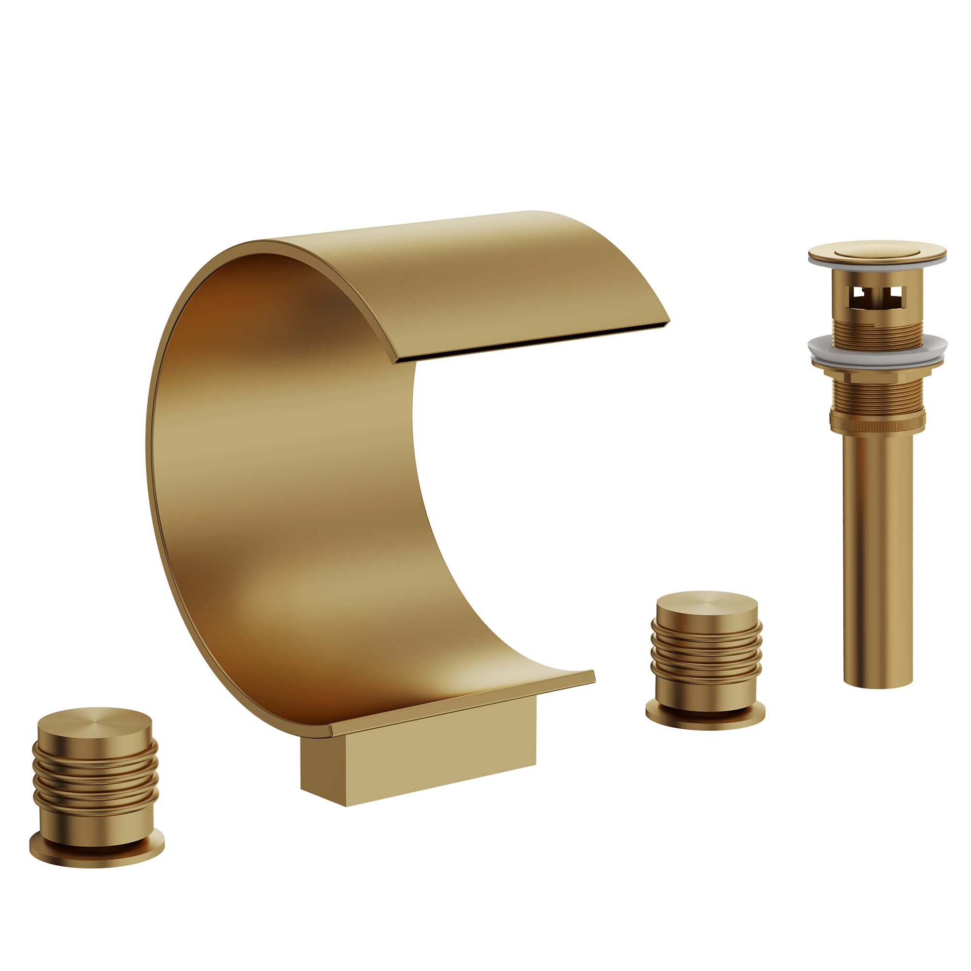 EVERSTEIN SFS-1152-GD Waterfall Curved Spout 3-Hole 8 in. Widespread 2-Handle Bathroom Faucet in Brushed Gold Pop-Up Drain Included