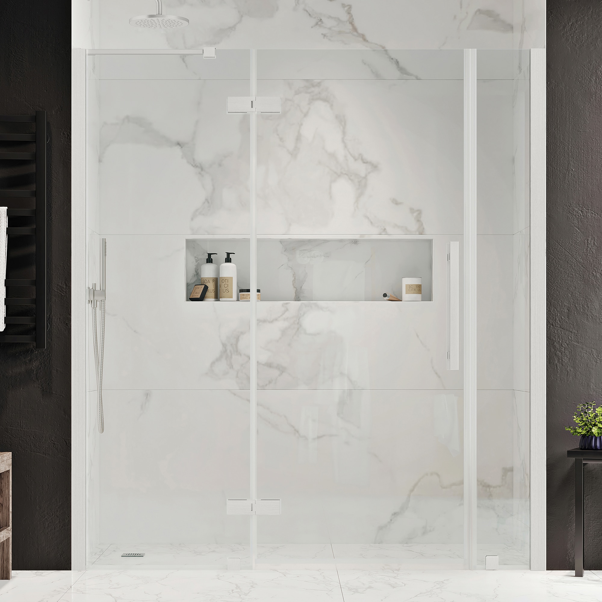 OVE Decors 828796055031 Tampa Satin nickel 55-11/16-in to 58-1/16-in W x 72-in H Frameless Pivot Shower door 5/16-in Thick Clear Glass