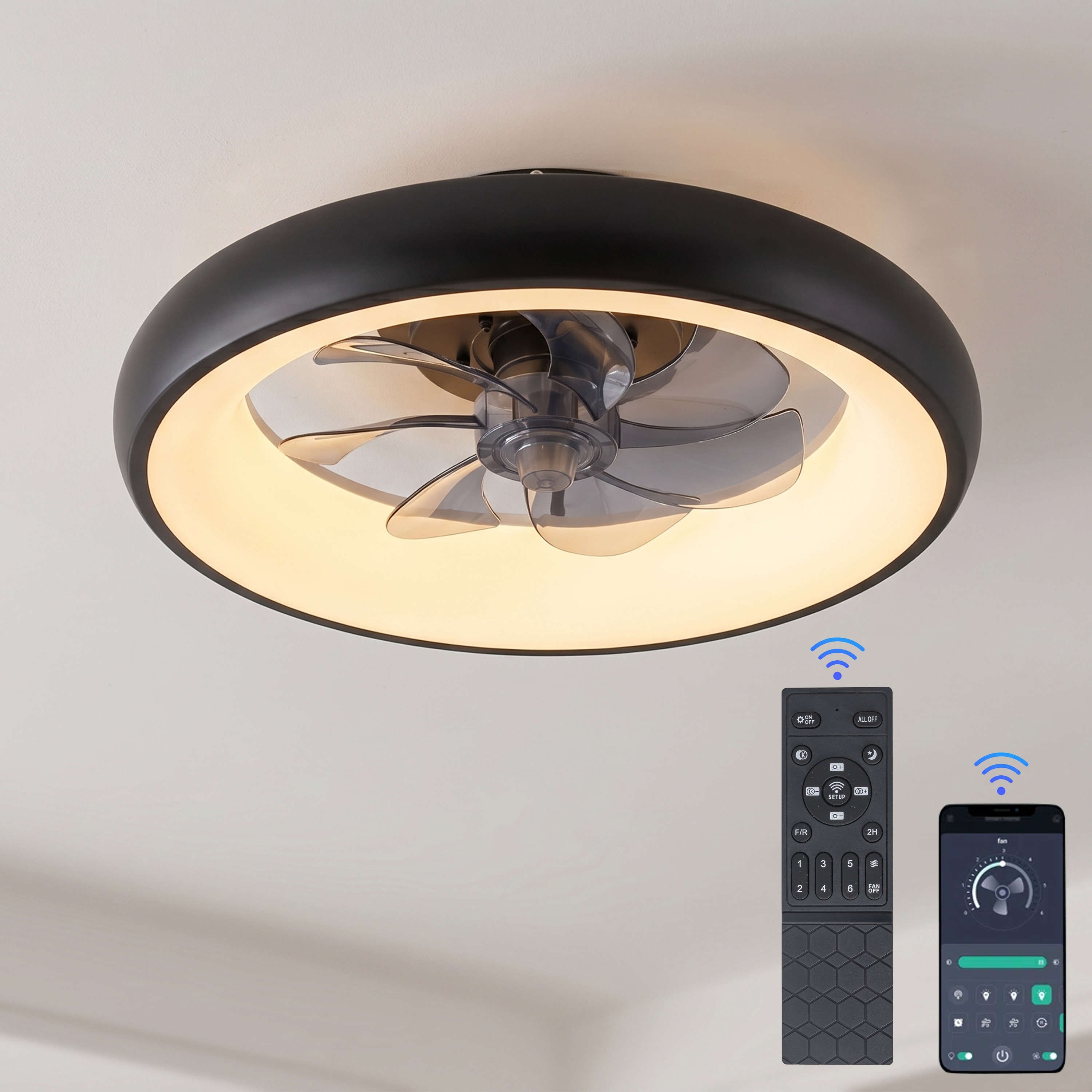 C Cattleya 19-in Black with Black Blades Adjustable White LED Covered Outdoor Flush Mount Fandelier Ceiling Fan With Light and Remote Control Included 7 -Blade