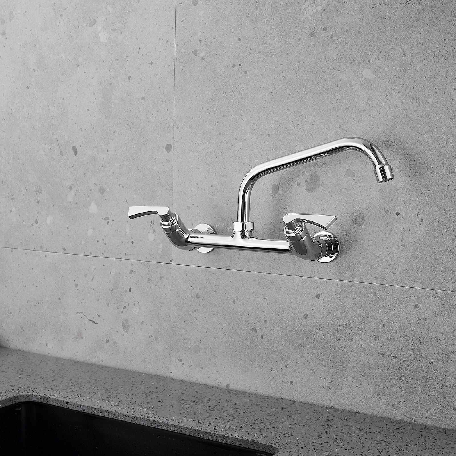 Chrome Double Handle Wall-Mount Kitchen Faucet with Swivel Spout