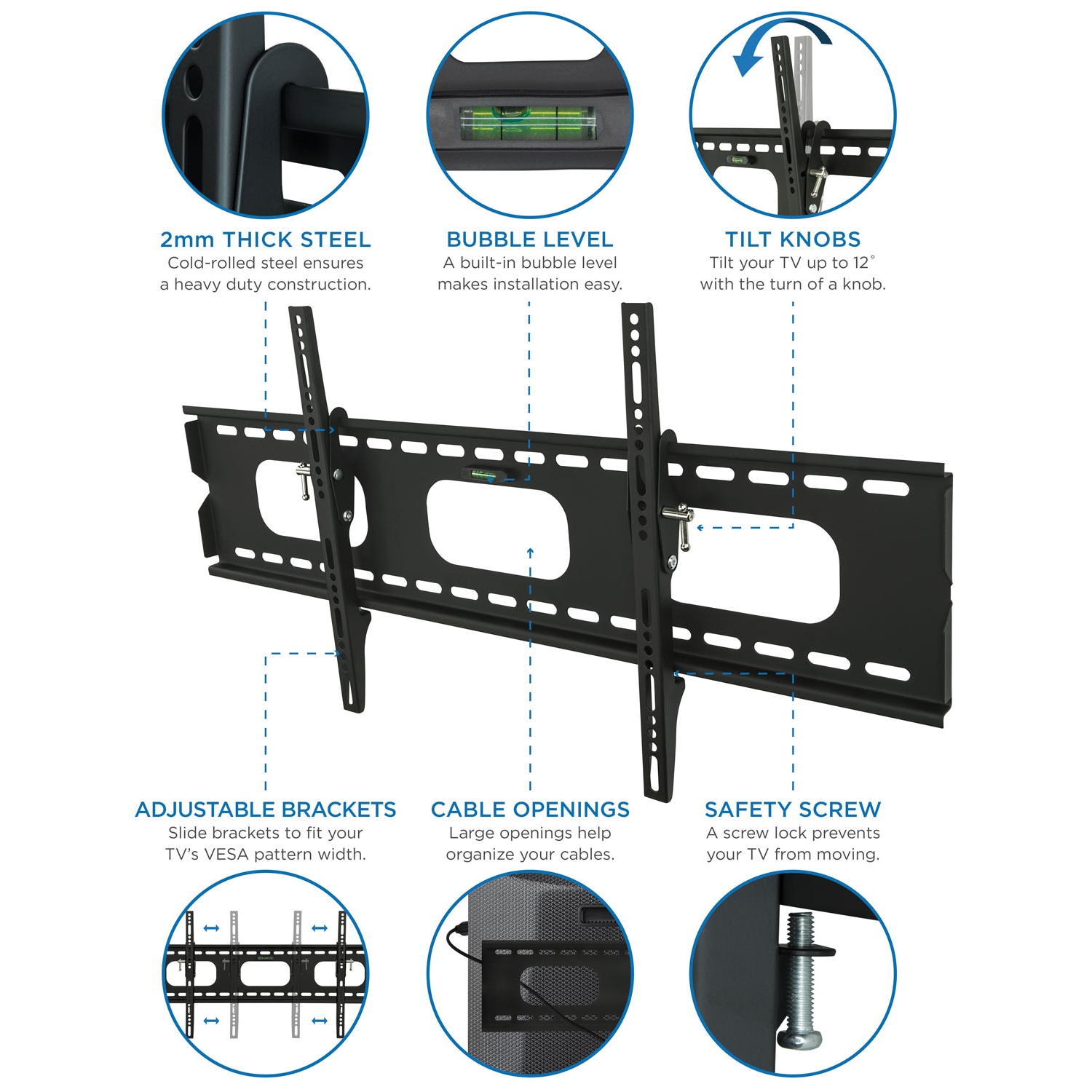 Black Steel Low-Profile Tilting TV Wall Mount for 42-90 inch Screens