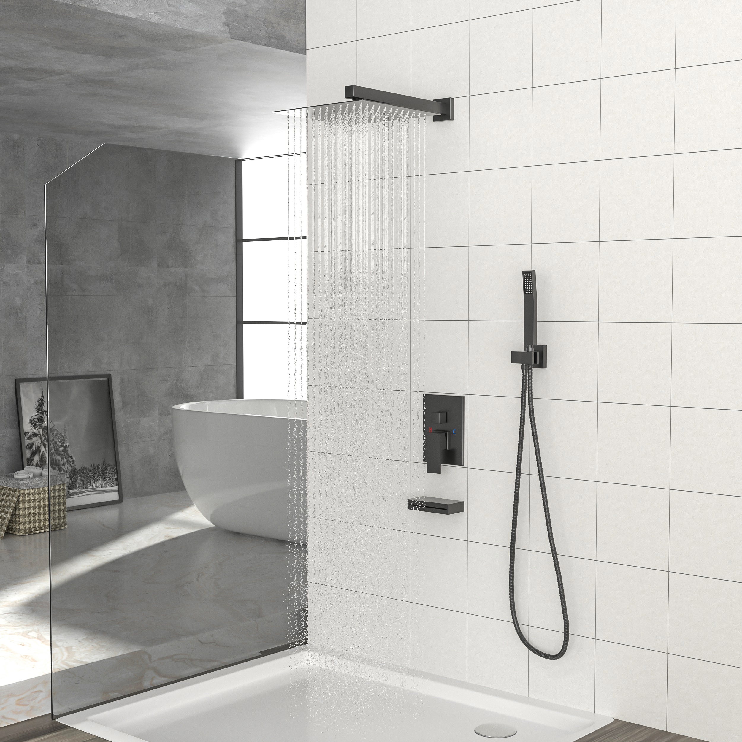 Tatayosi T381871 Shower System with Waterfall Tub Spout 12 Inch Wall Mounted Square Shower System with Rough in Valve Matte black