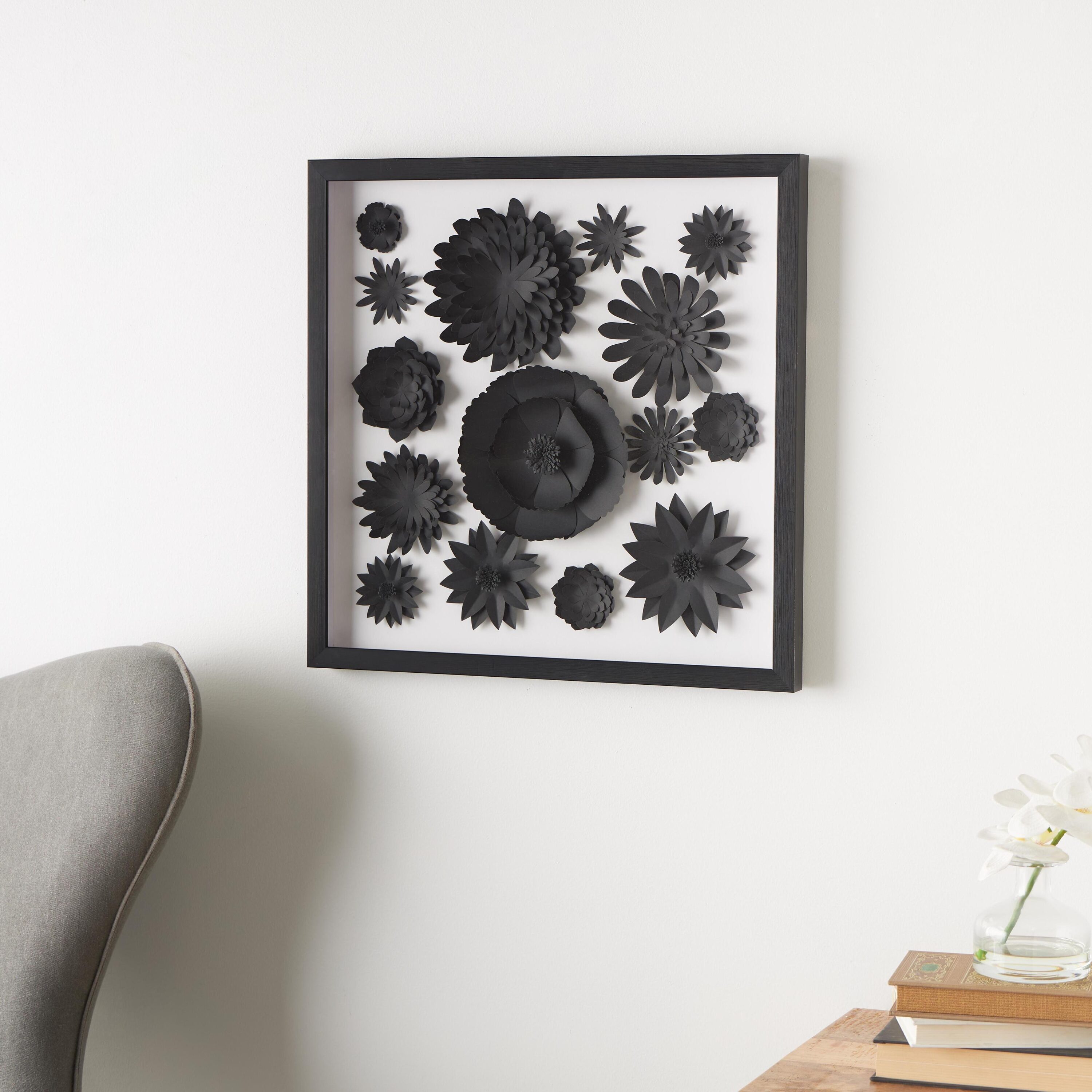 Grayson Lane 822692 20 In. x 20 In. Cluster Shadow Box with Varying Shapes and Sizes Black Paper Floral Black Wood Framed 19.65-Inches H x 19.6-Inches W Abstract Paper Shadow box