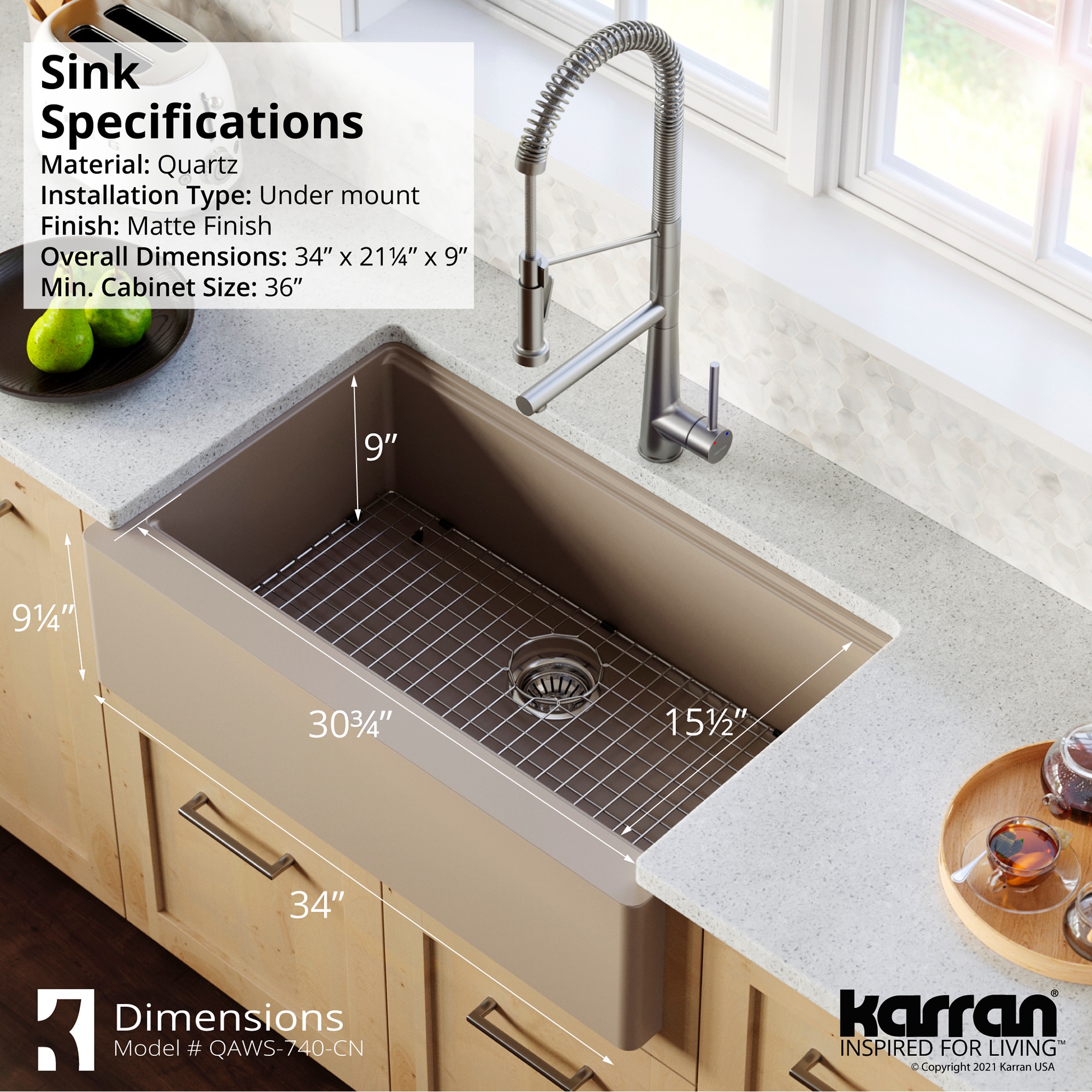 Karran Farmhouse Apron Front 34-in X 21.25-in Concrete Quartz Single 