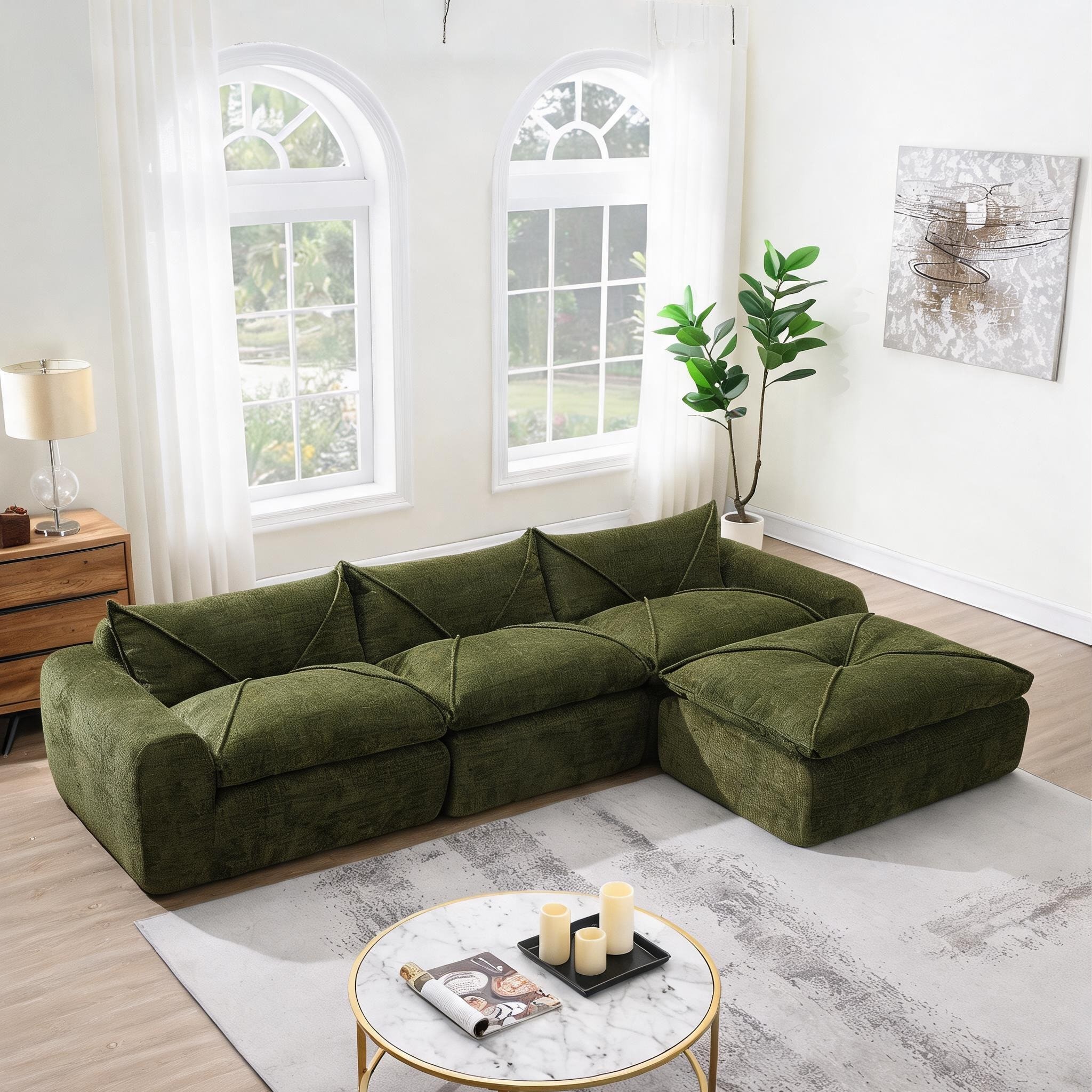 Watnature - Low Profile Legless Modular Sectional Sofa 116-Inch No Assembly Required Rich Green P...