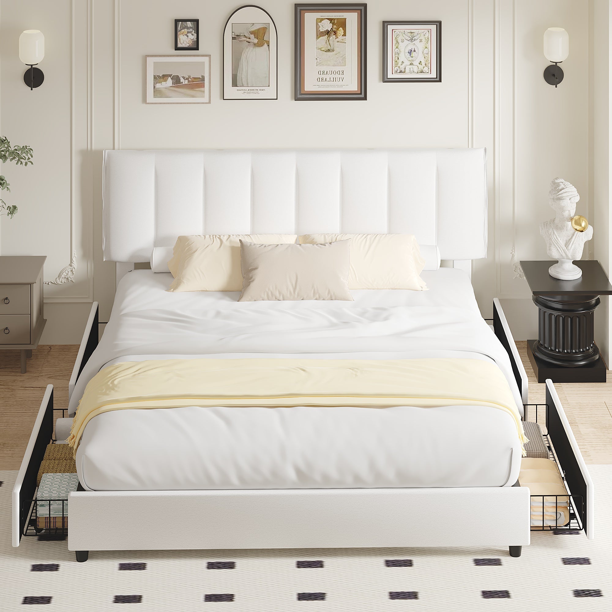 Vecelo LOE-CY-KB04-UP-WHT King Size Bed Frame With Storage Drawer Upholstered Adjustable Velvet Headboard Platform Storage Bed