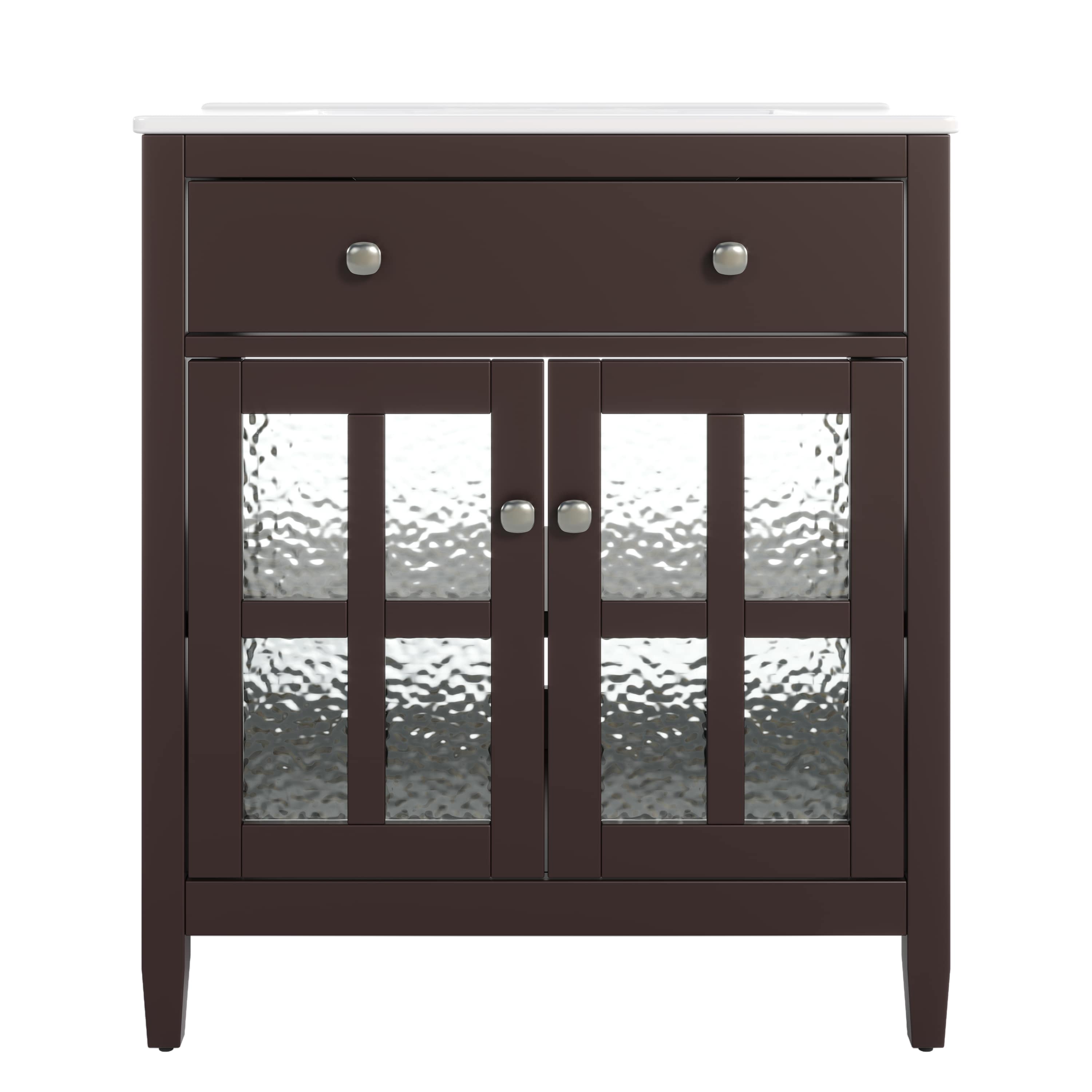 Vynxaria 30 Inch Dark Brown Bathroom Vanity with Ceramic Sink Curved ...