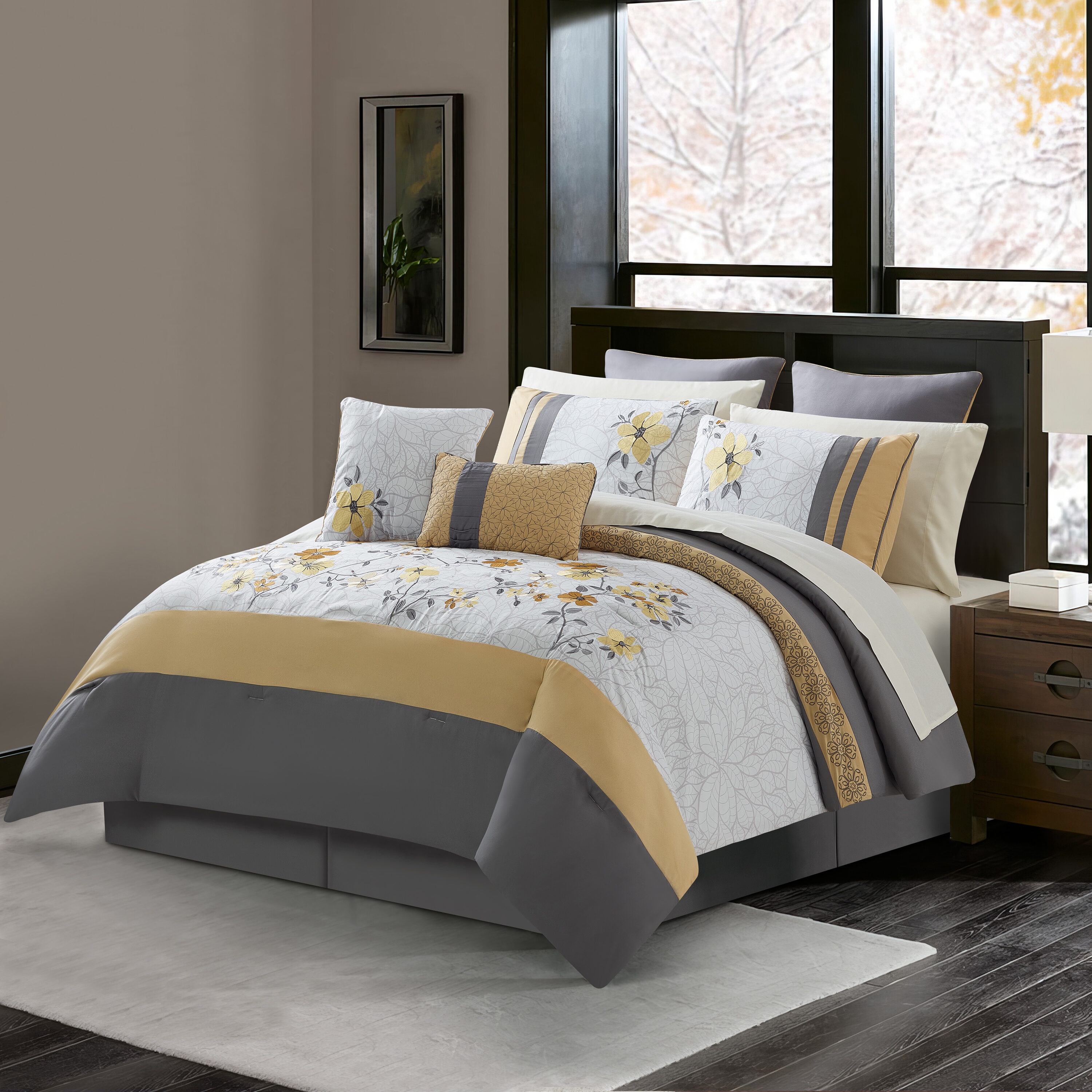 Queen Gray Microfiber Floral Embroidered Comforter Set