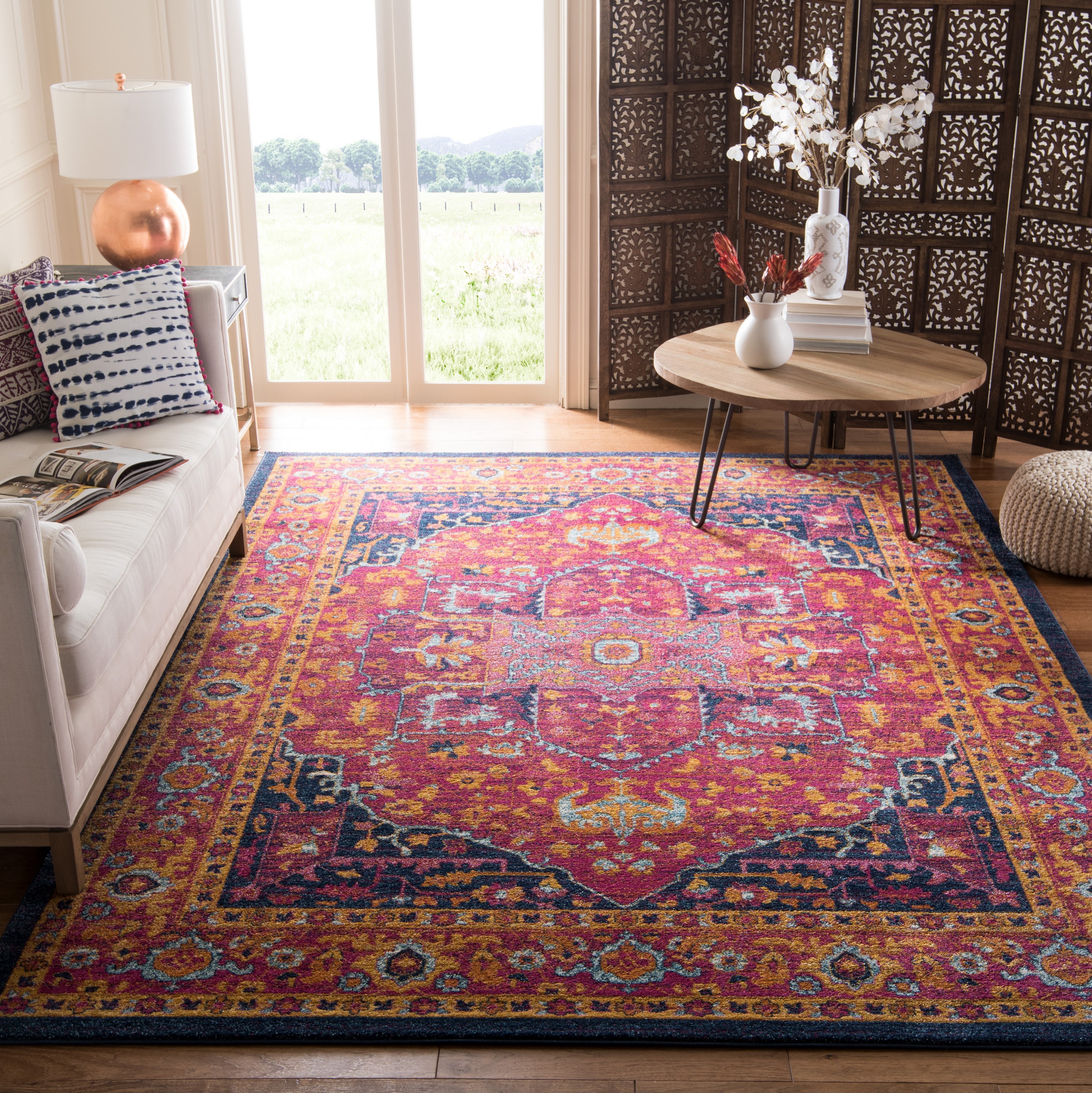 Pink and Brown Vintage Rug on Light Stained Wood Floors - Transitional -  Entrance/foyer