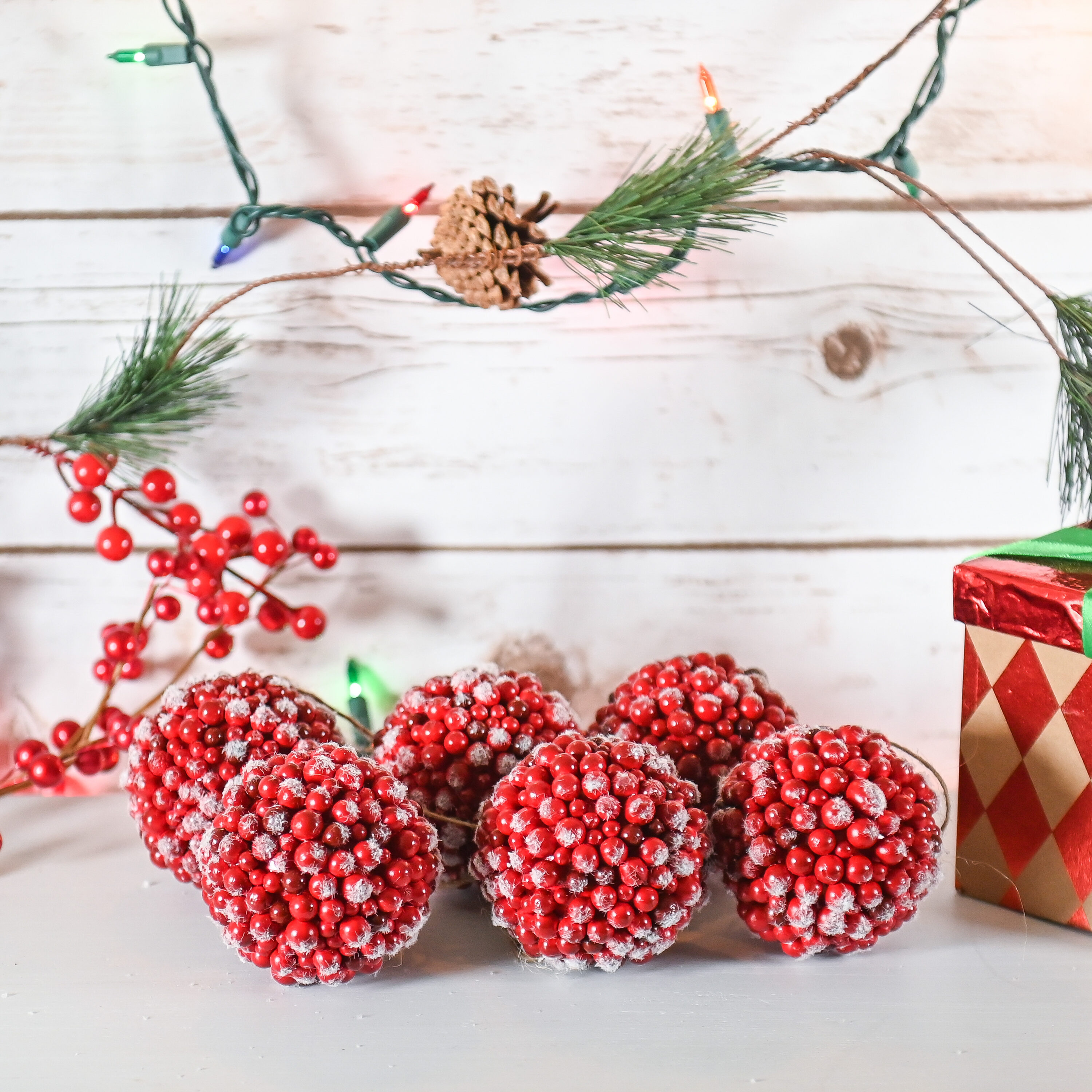 Rustic Red Frosted Berry Christmas Ornaments Set