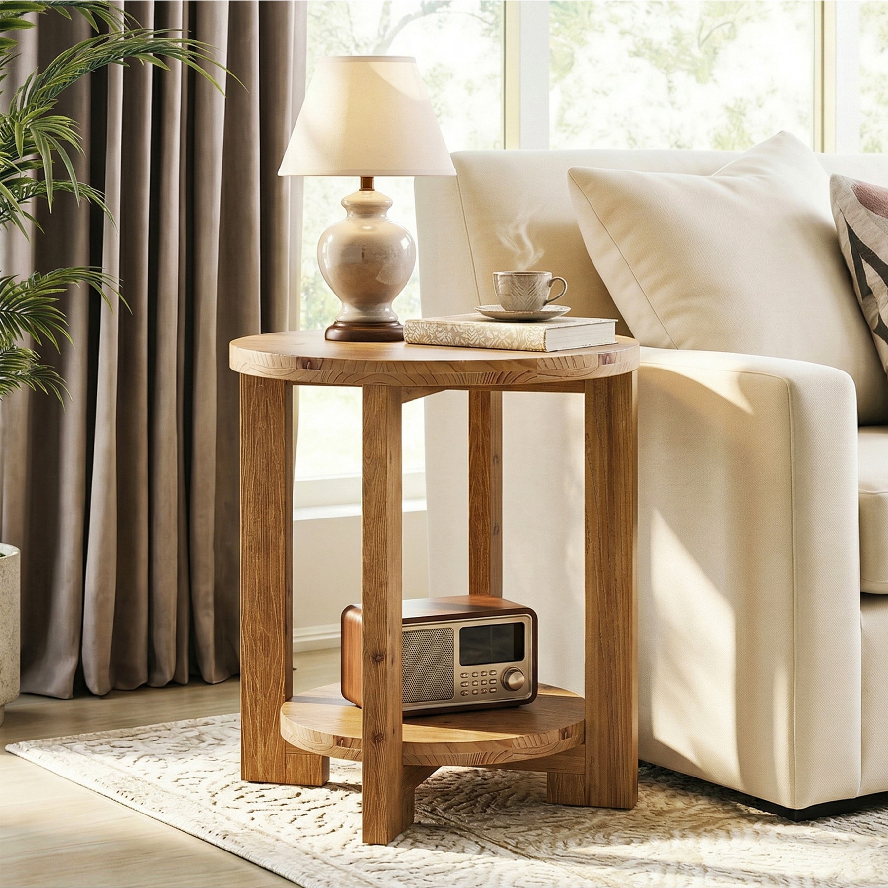 LITTLE TREE 23.62-in H Farmhouse Brown Small Round Solid Wood End Table with 2-Tier Storage Shelves Easy Assembly Circle Wood Nightstand for Living Room Bderoom Entryway