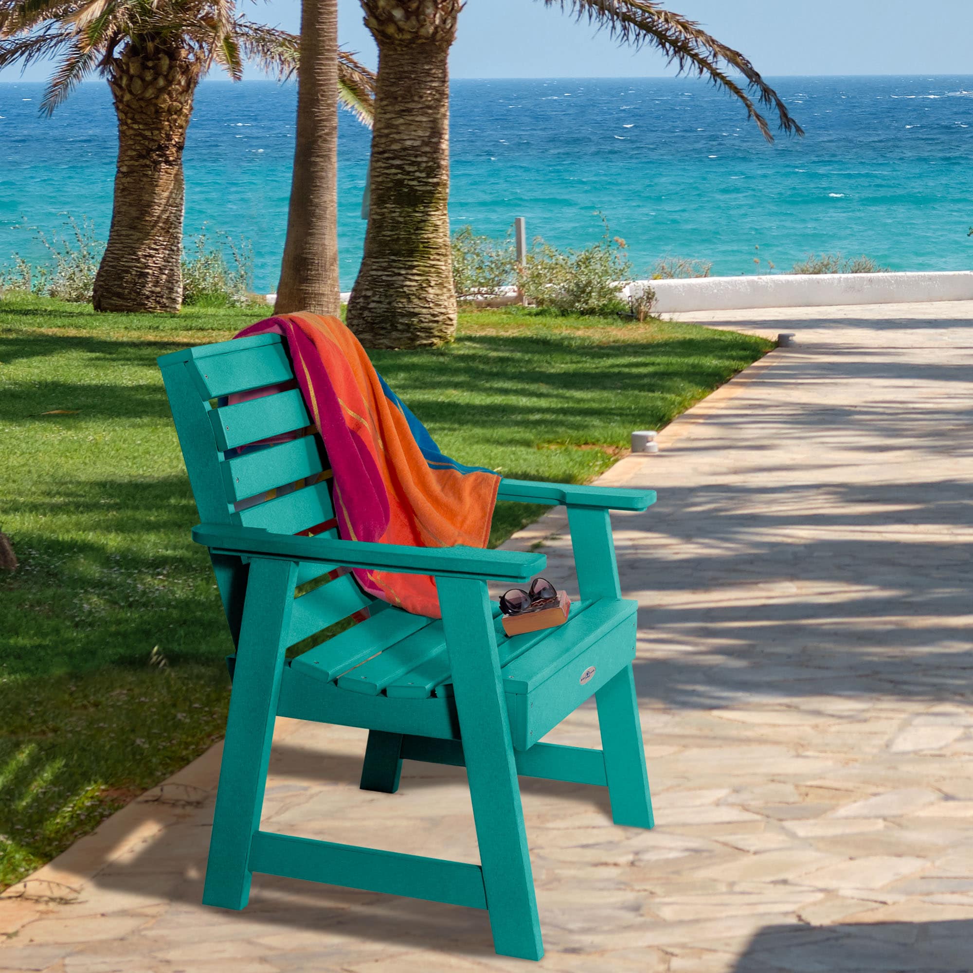 highwood BV-CHGR1-SBL Riverside Seaglass Blue Poly-lumber Frame Stationary Conversation Chair with Slat Seat