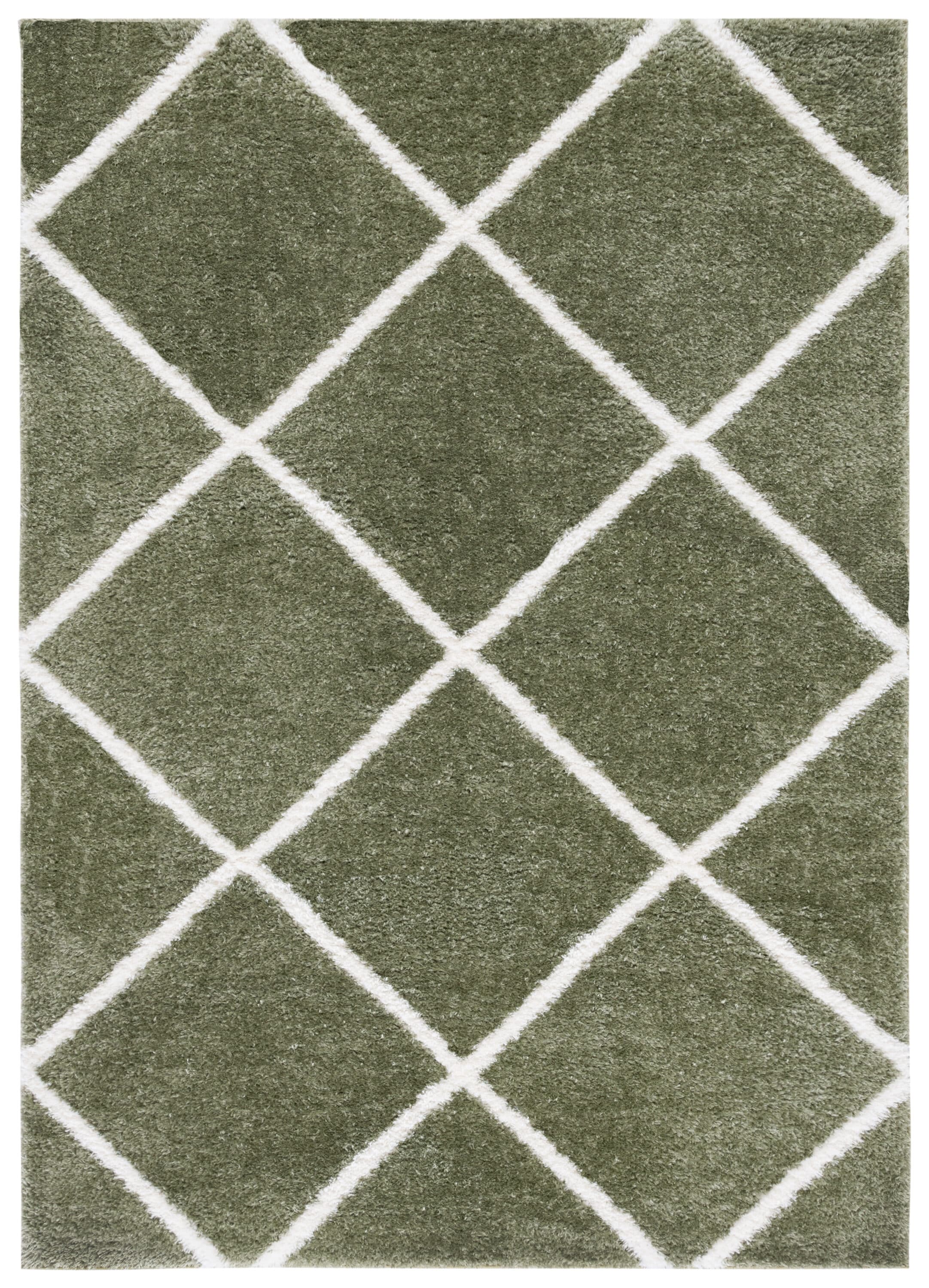 Sage and White Geometric Shag Rectangular Rug 5' x 7'