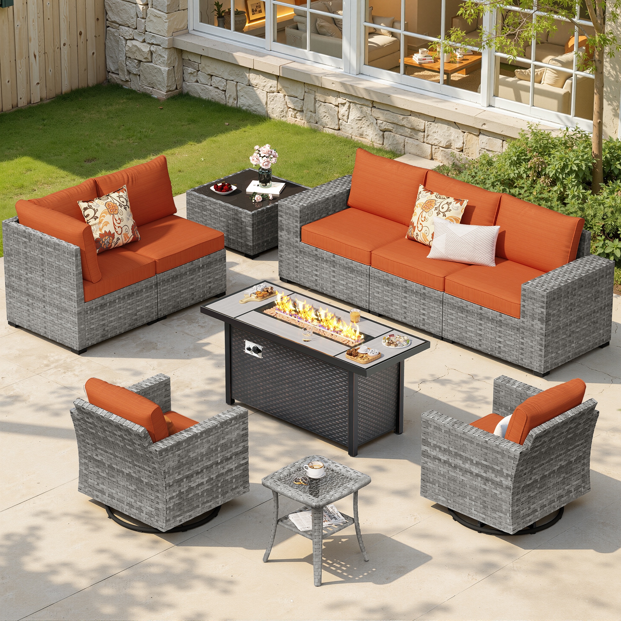 ALTRIGUS YZBBR Wicker Outdoor Sectional with Orange Cushions and Wicker Frame