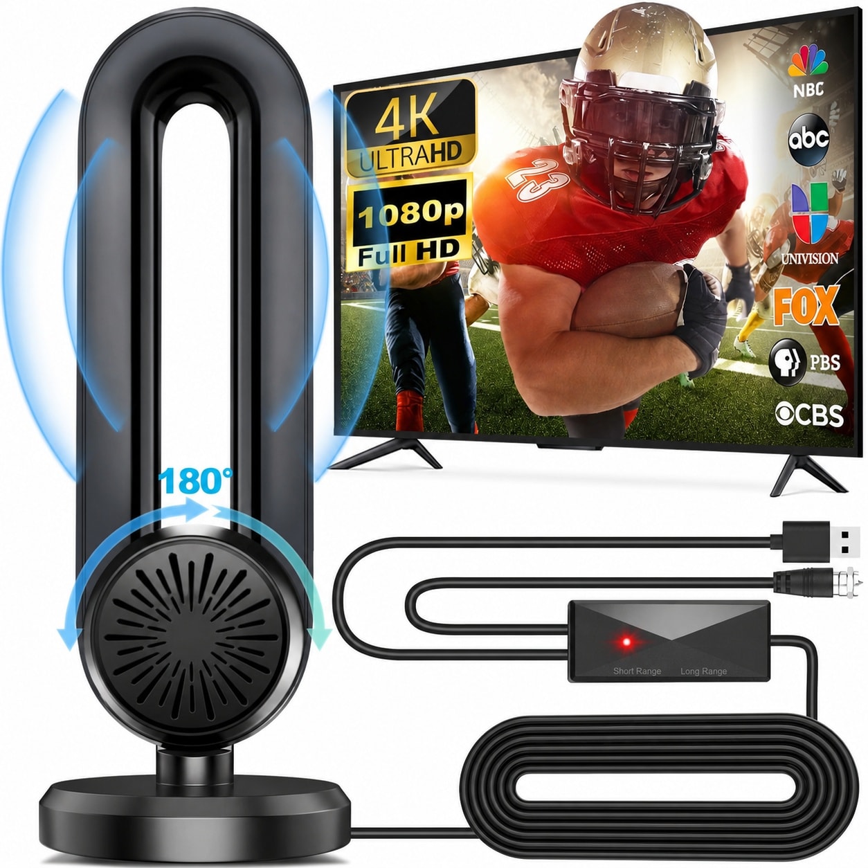 Justincity  TV Antenna Indoor Long Range 360 Degree Reception Magnetic Base Smart Signal Amplifier Supports 4K 1080P VHF UHF for Local Channels