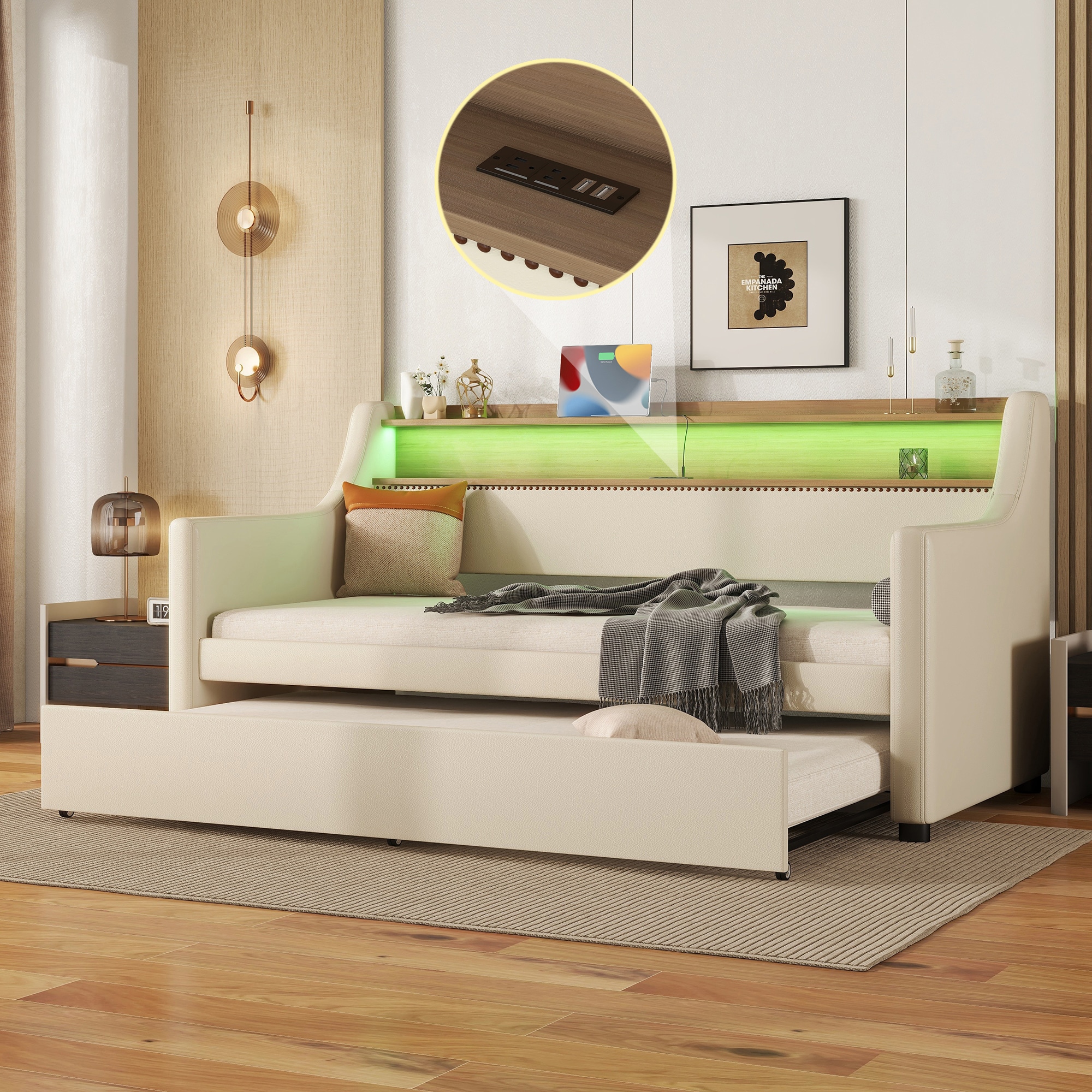 GDFStudio - Gherver twin daybed with trundle upholstered design with charging station and LED lig...