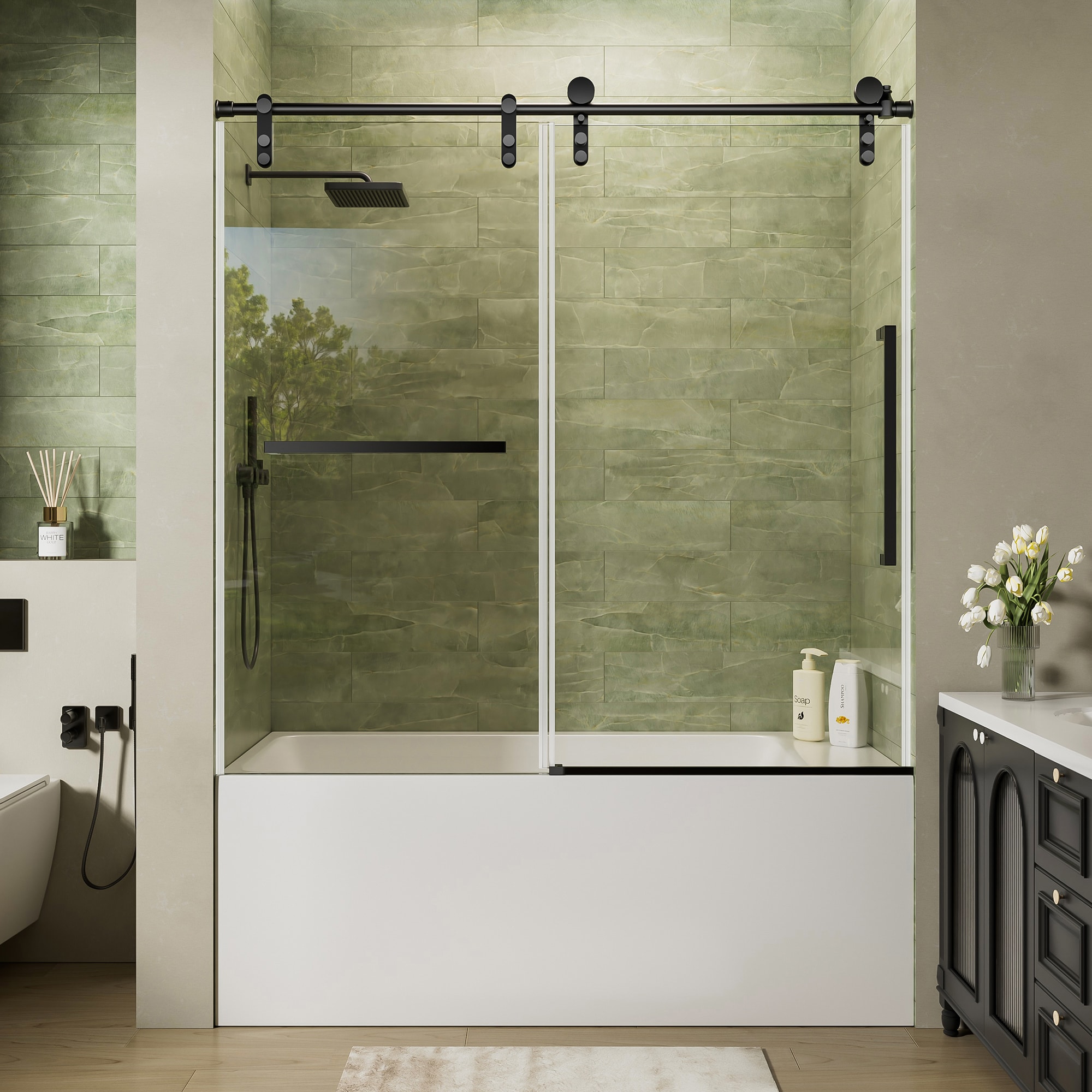 TcwVwc  Matte Black 56 to 60 in W x 60 in H Fully Frameless 5/16 in Nano Clear Tempered Glass with Safety Film Sliding Bathtub Door