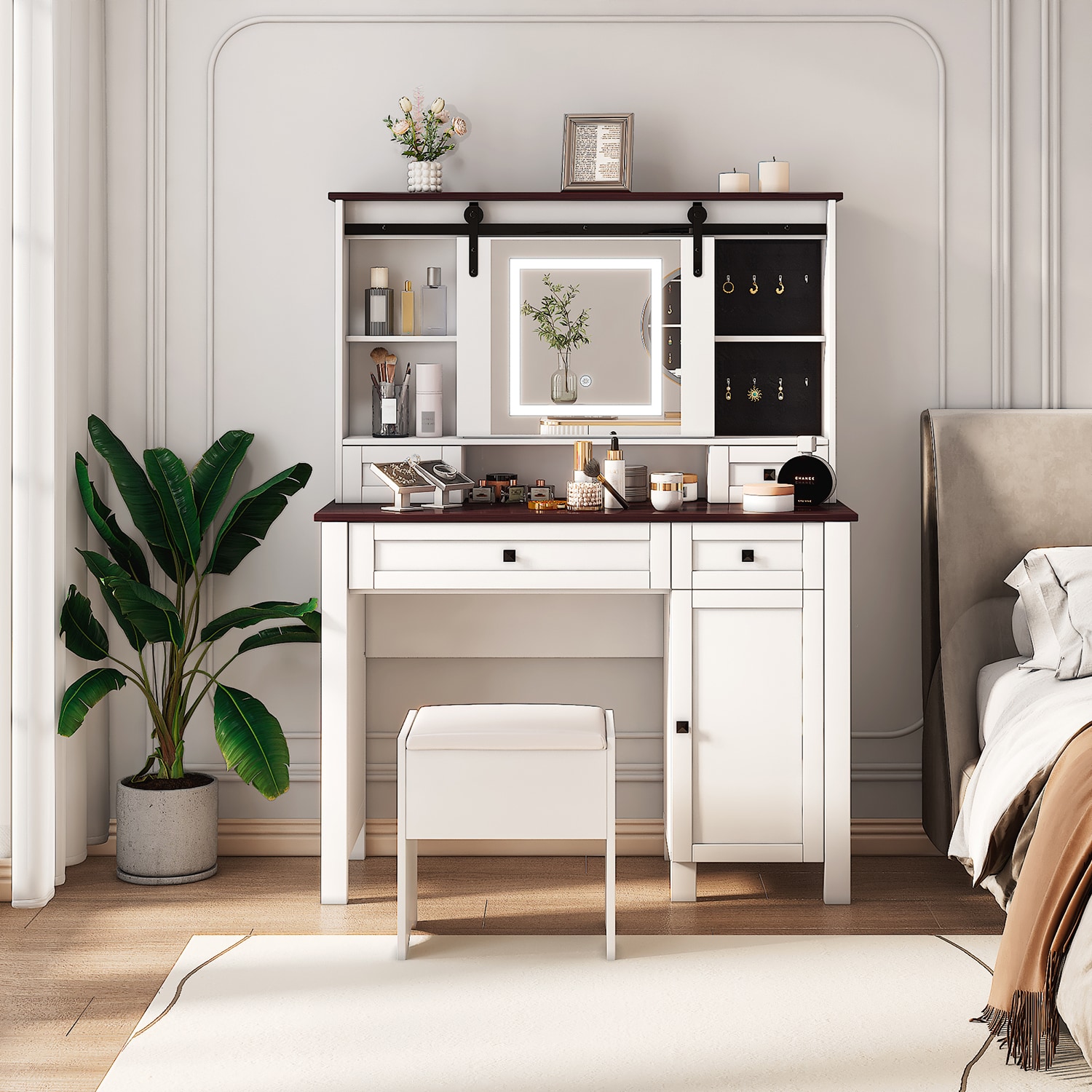 GZMR GM-W3353 41.73-in White+Walnut Makeup Vanity