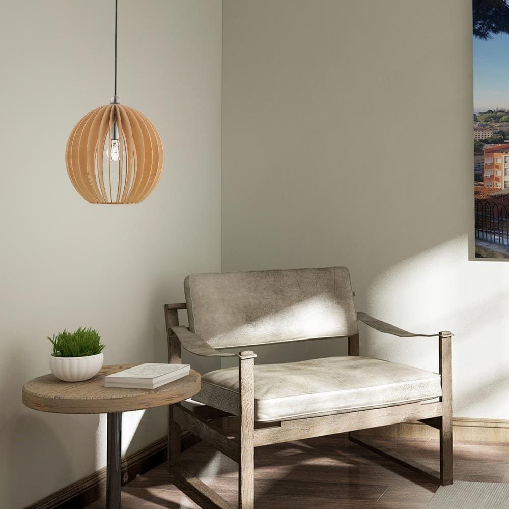 Mini Globe Brushed Nickel Pendant with Round Wood Shade