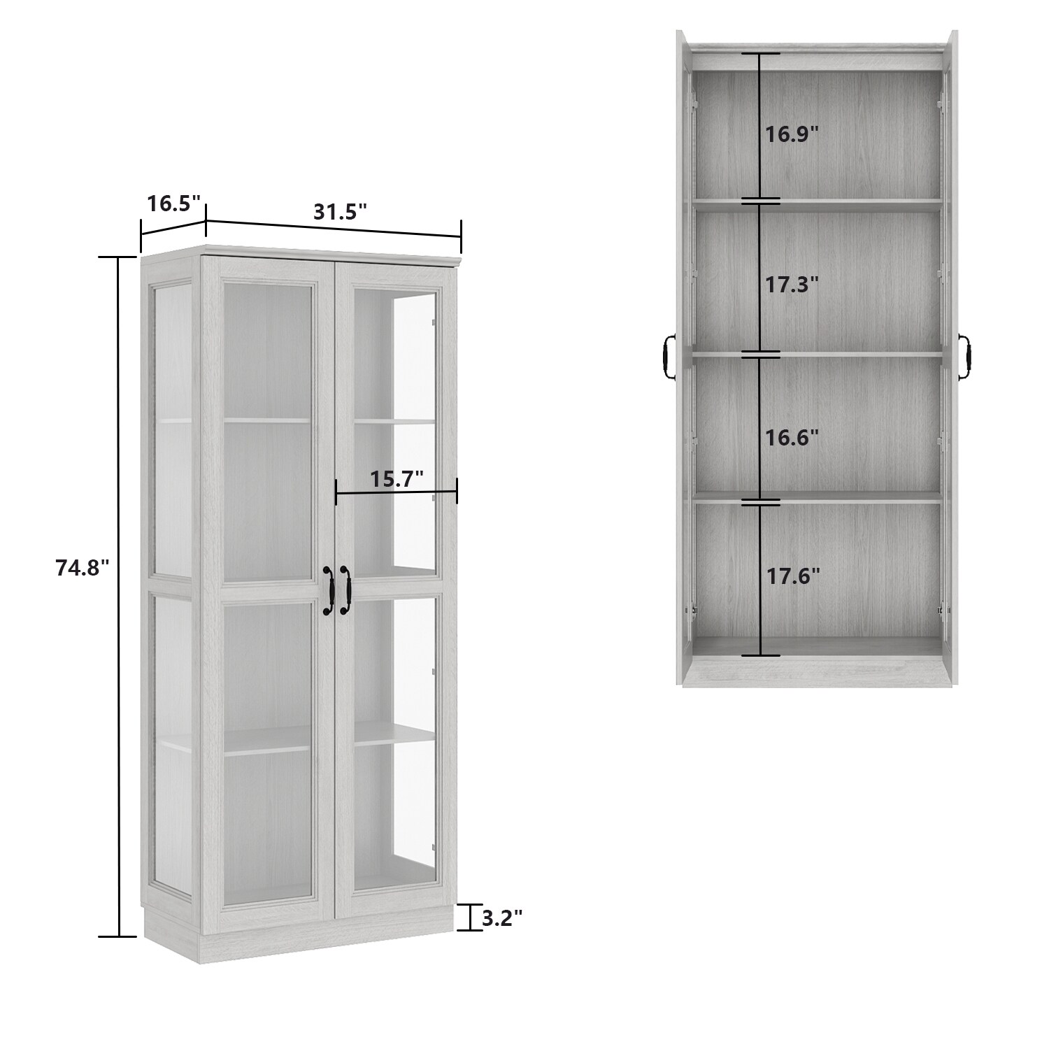 FUFU&GAGA White 74.8 in. H Storage Cabinet, Bookcase with 2-Large