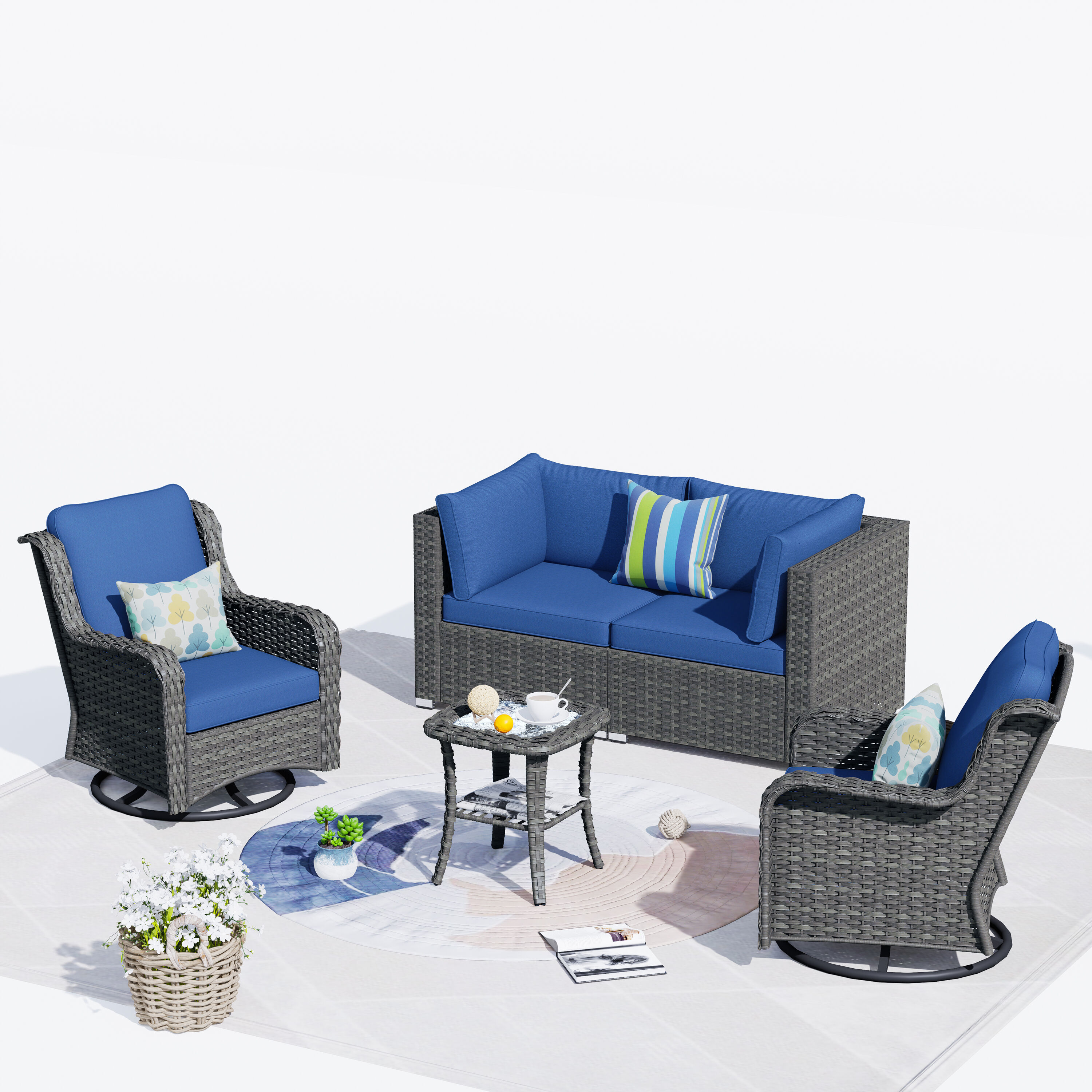 Ovios HP705Y 5 -Piece Wicker Patio Conversation Set with Blue Cushions