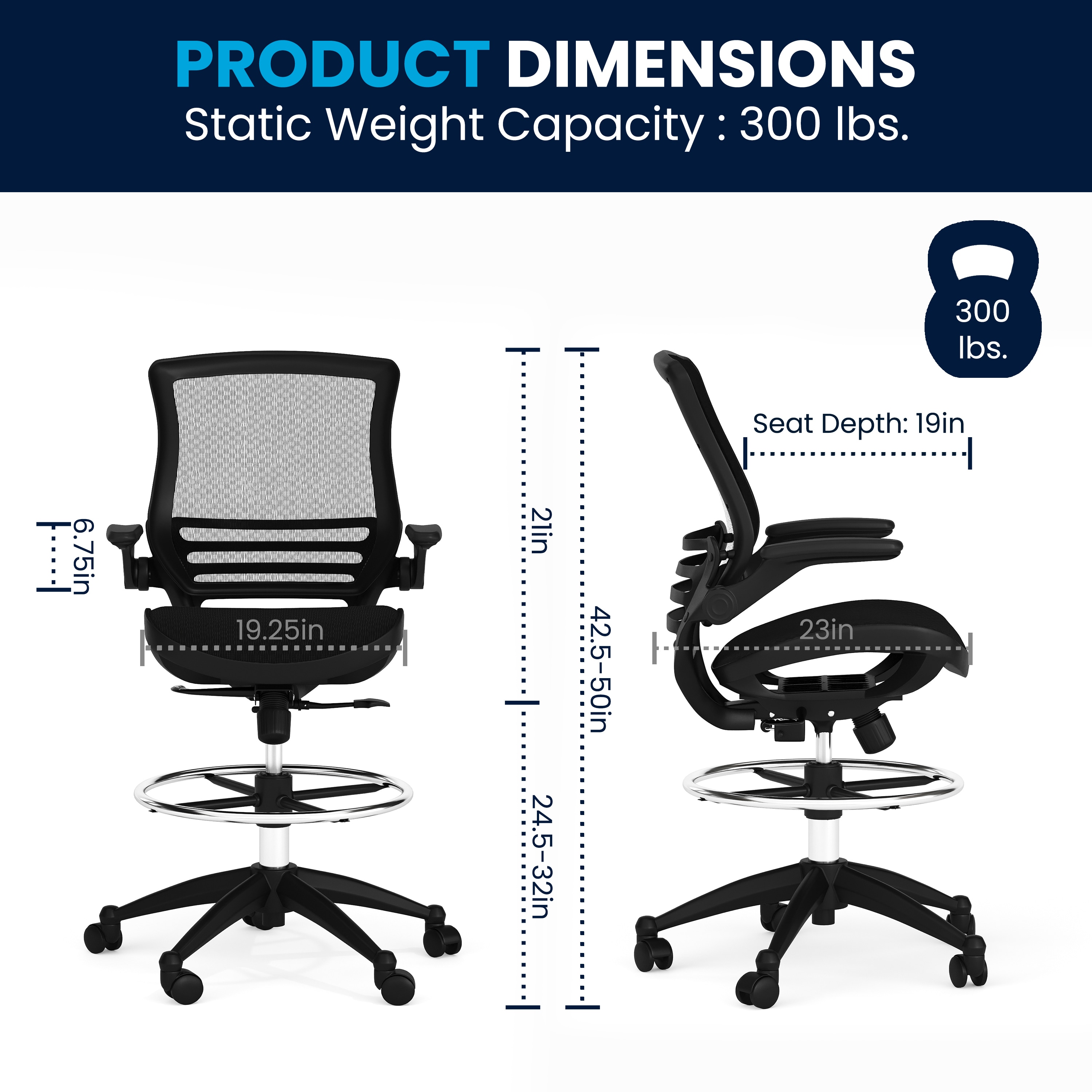 ErgoDraft Plus Black Mesh Drafting Chair with Adjustable Arms and Foot Ring