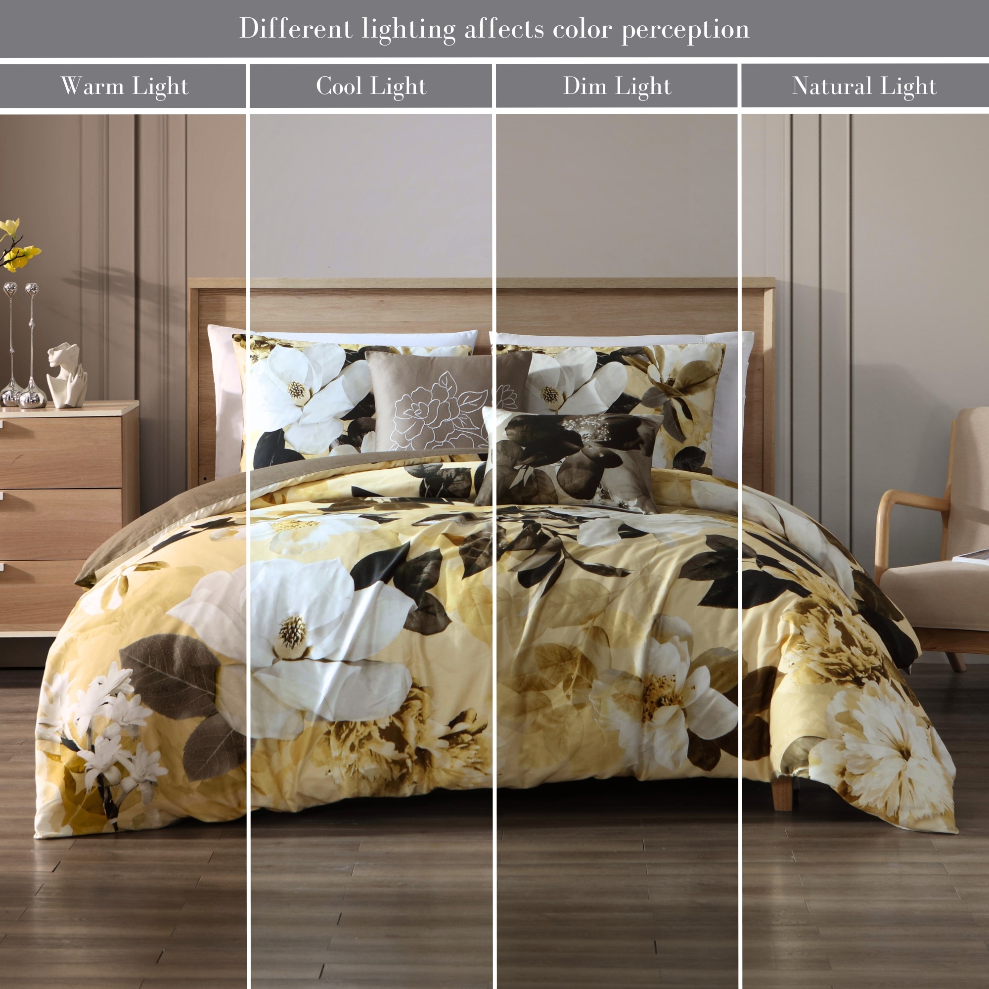 Yellow Magnolia Floral Cotton Queen Reversible Comforter Set