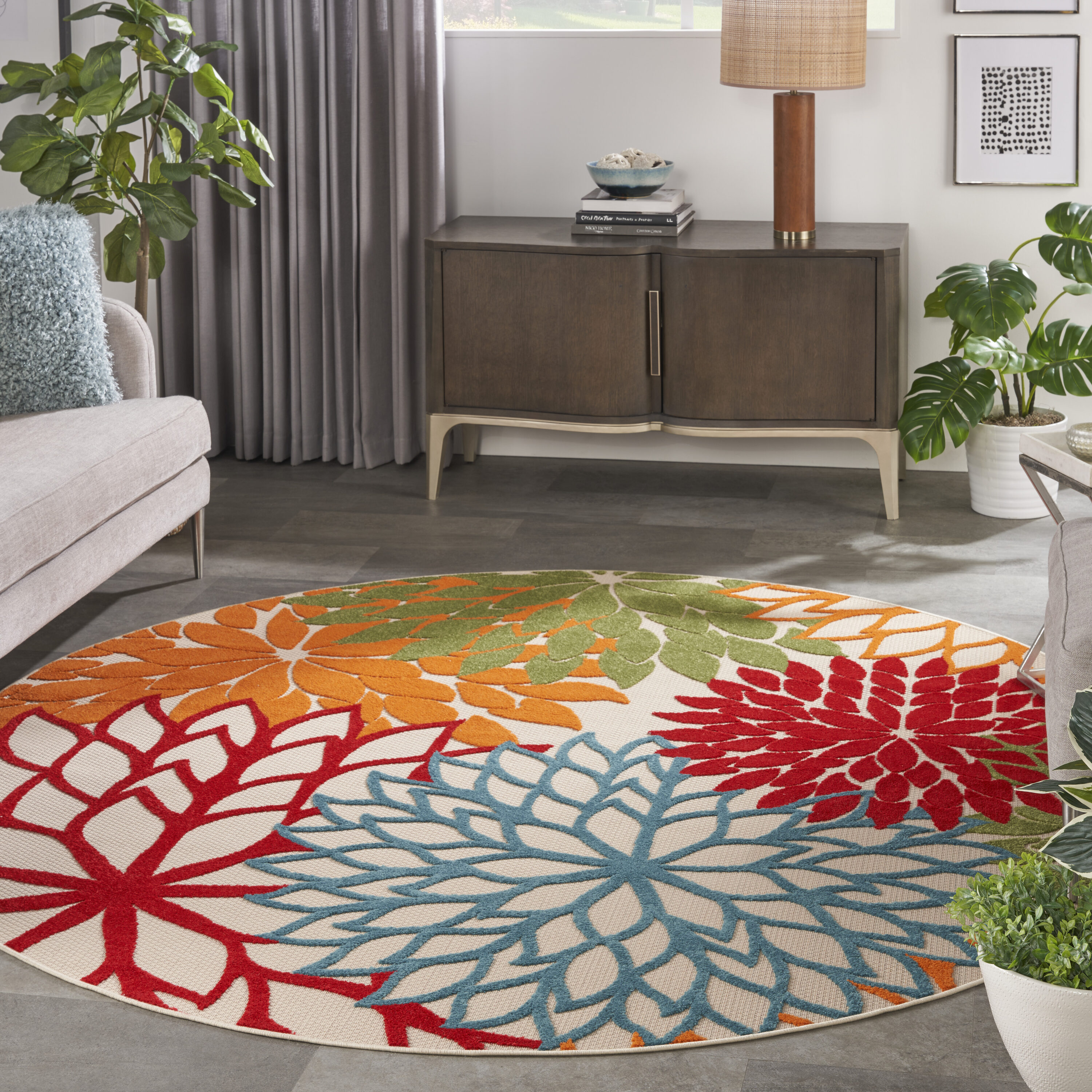 Nourison Home 099446060730 10 x 10 (ft) Loomed Polypropylene Green Round Indoor/Outdoor Floral/Botanical Tropical Area rug