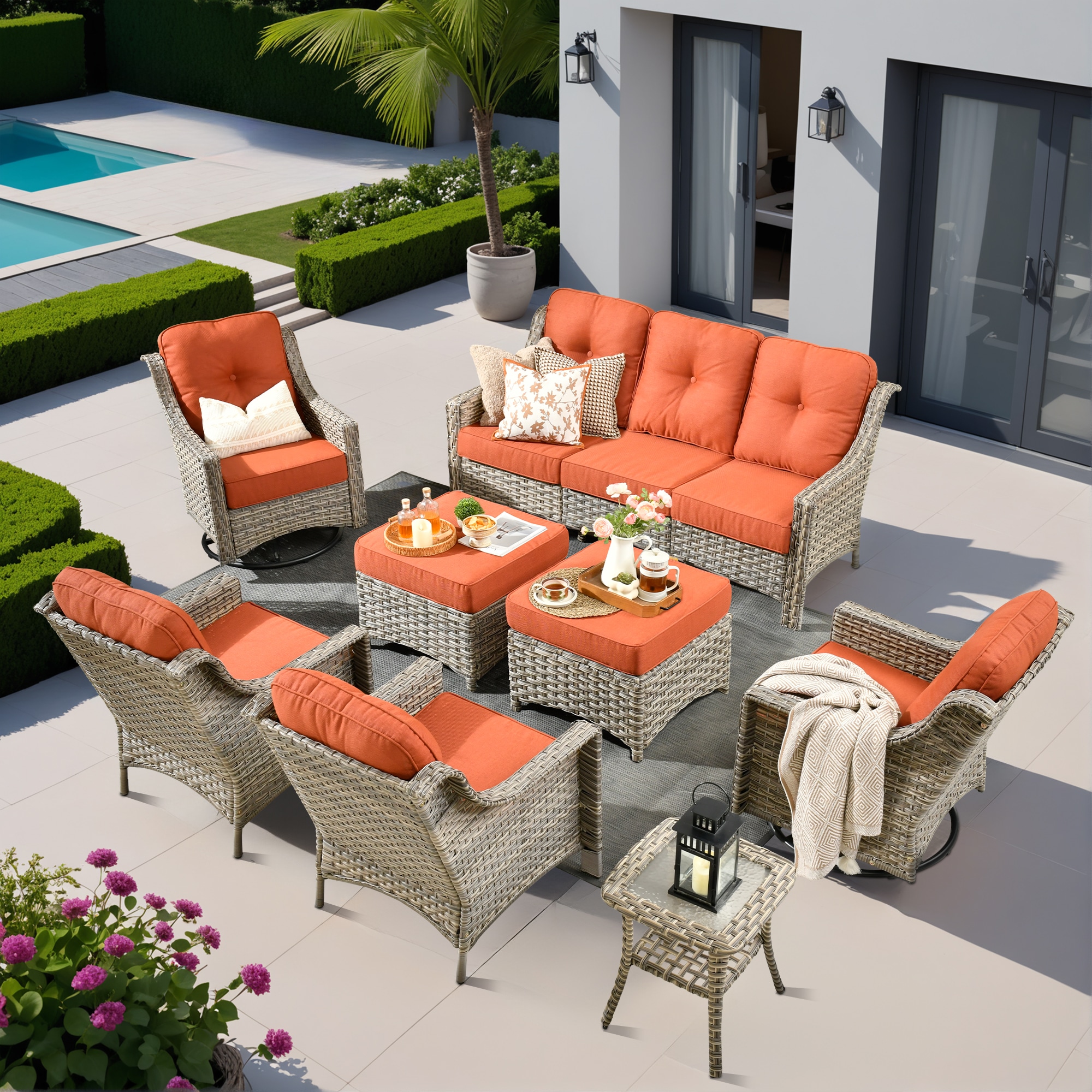 Caodoc L5-YZPAD808 New right-Angles Rattan Outdoor Sectional with Orange Cushions and Rattan Frame