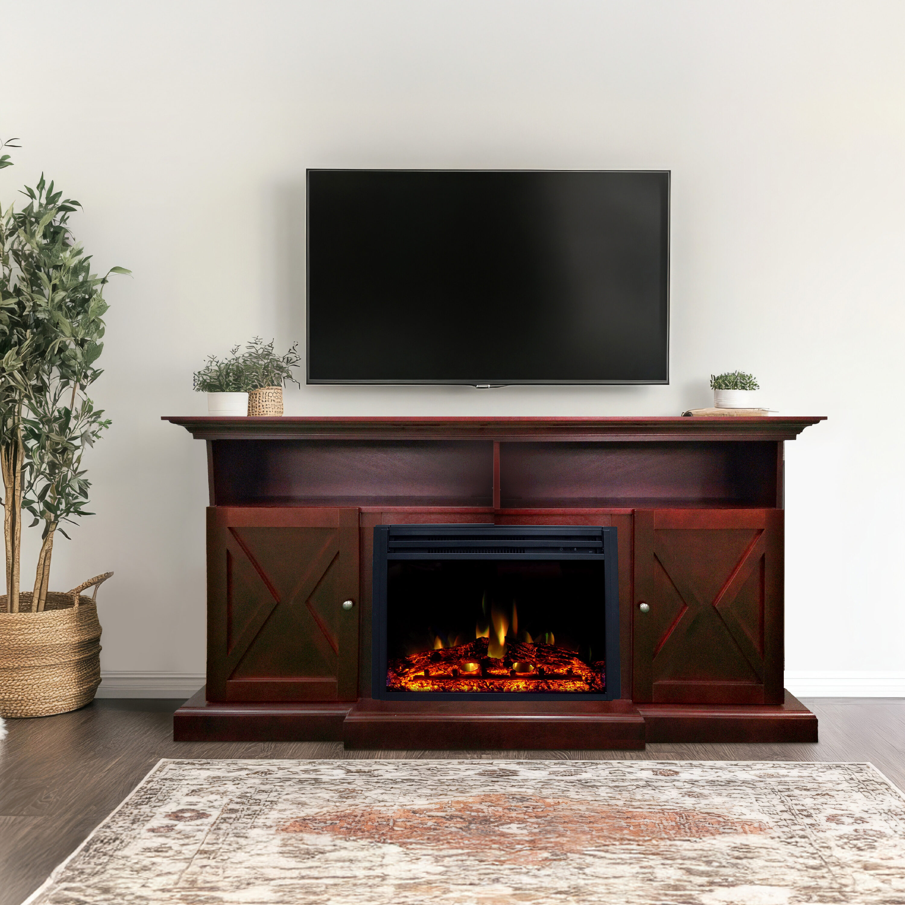 Cambridge CAM6215-1MAHLG3 62.2-in W Mahogany TV Stand with Fan-forced Flat wall Electric Fireplace with Remote Control Included