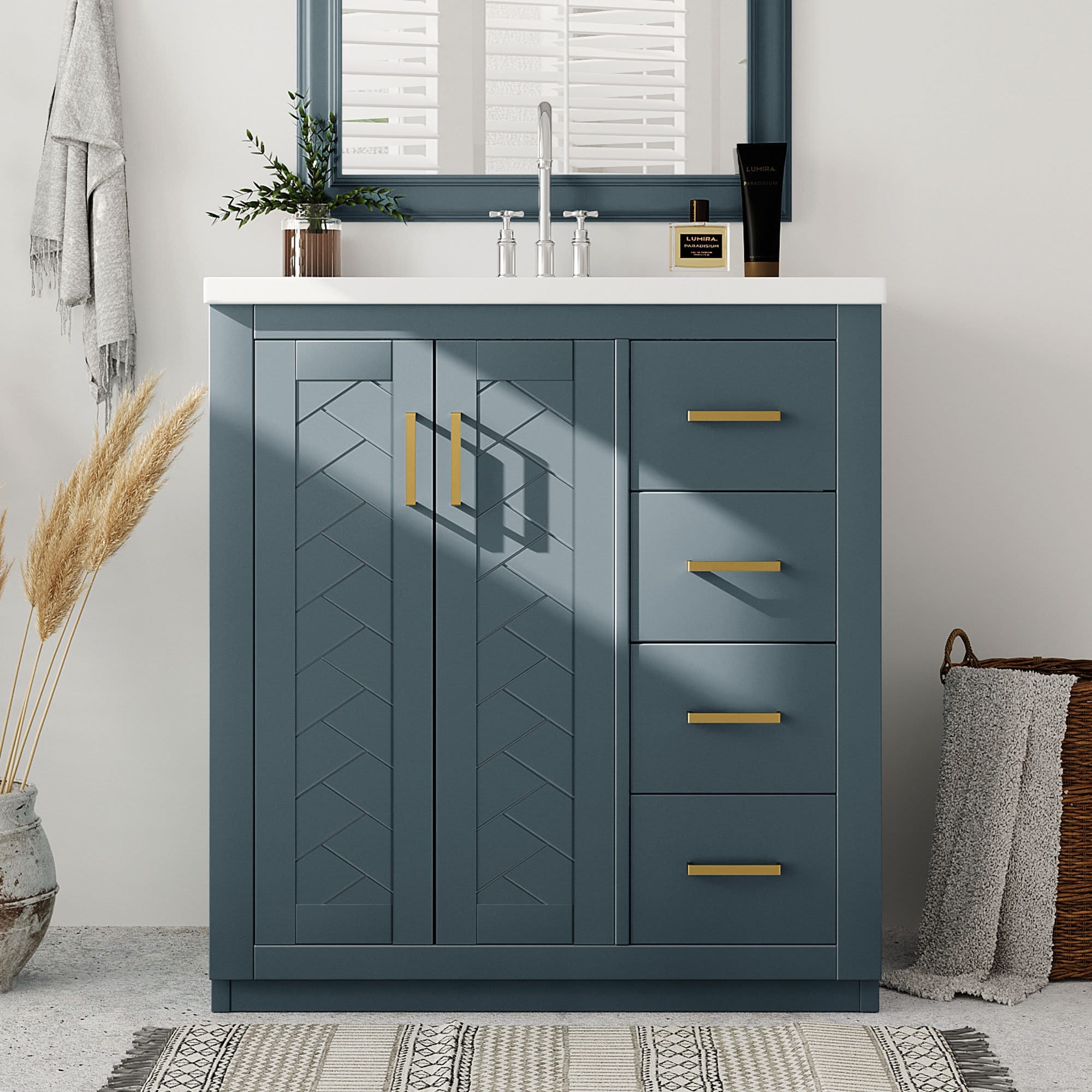 Etokfoks  30 Inch Bathroom Vanity Ceramic Sink Combo Solid Wood Frame Freestanding Cabinet 3 Drawers Soft Closing Doors Retro Style 30x18x34
