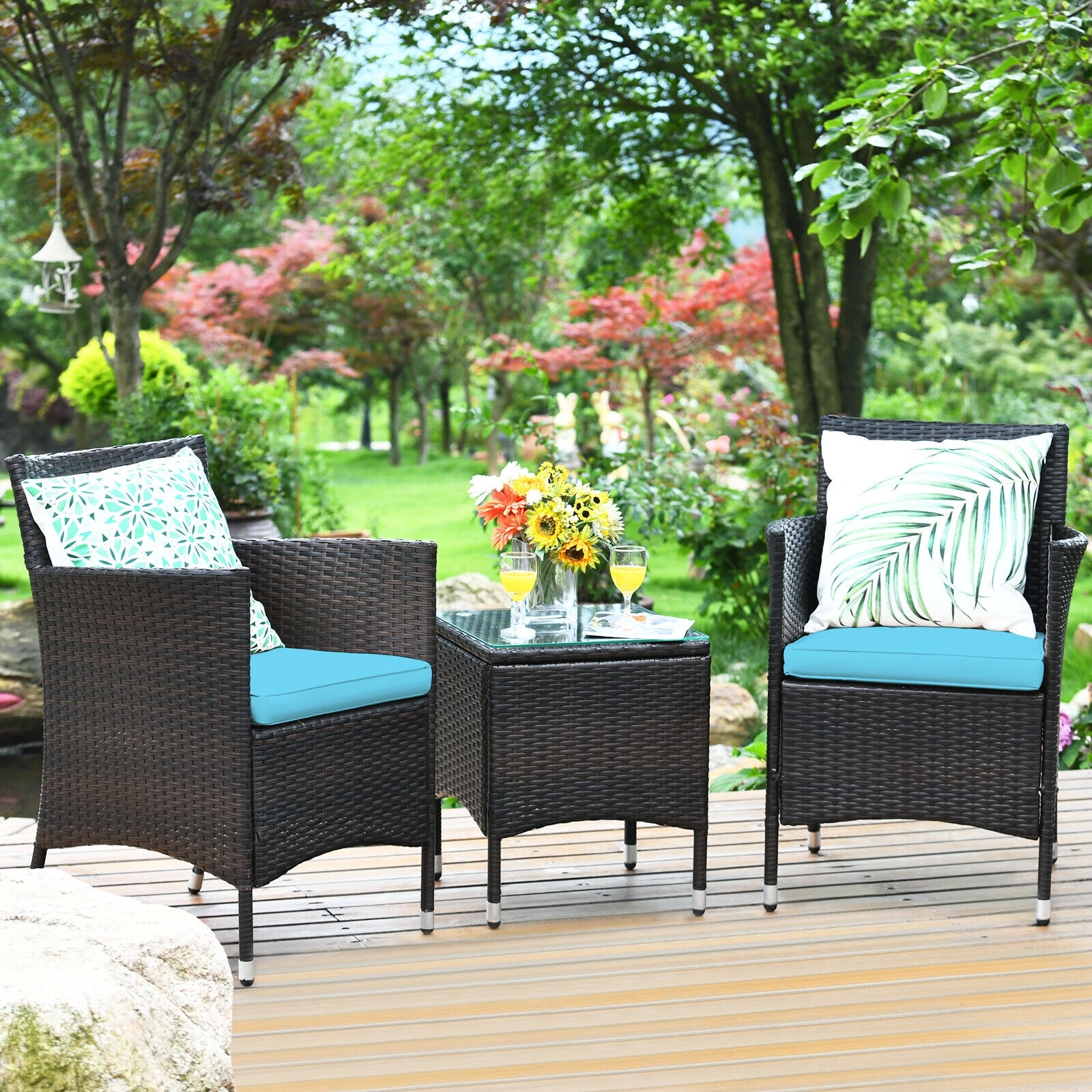 Forclover HBV-850TU 3 -Piece Rattan Patio Conversation Set with Blue Cushions