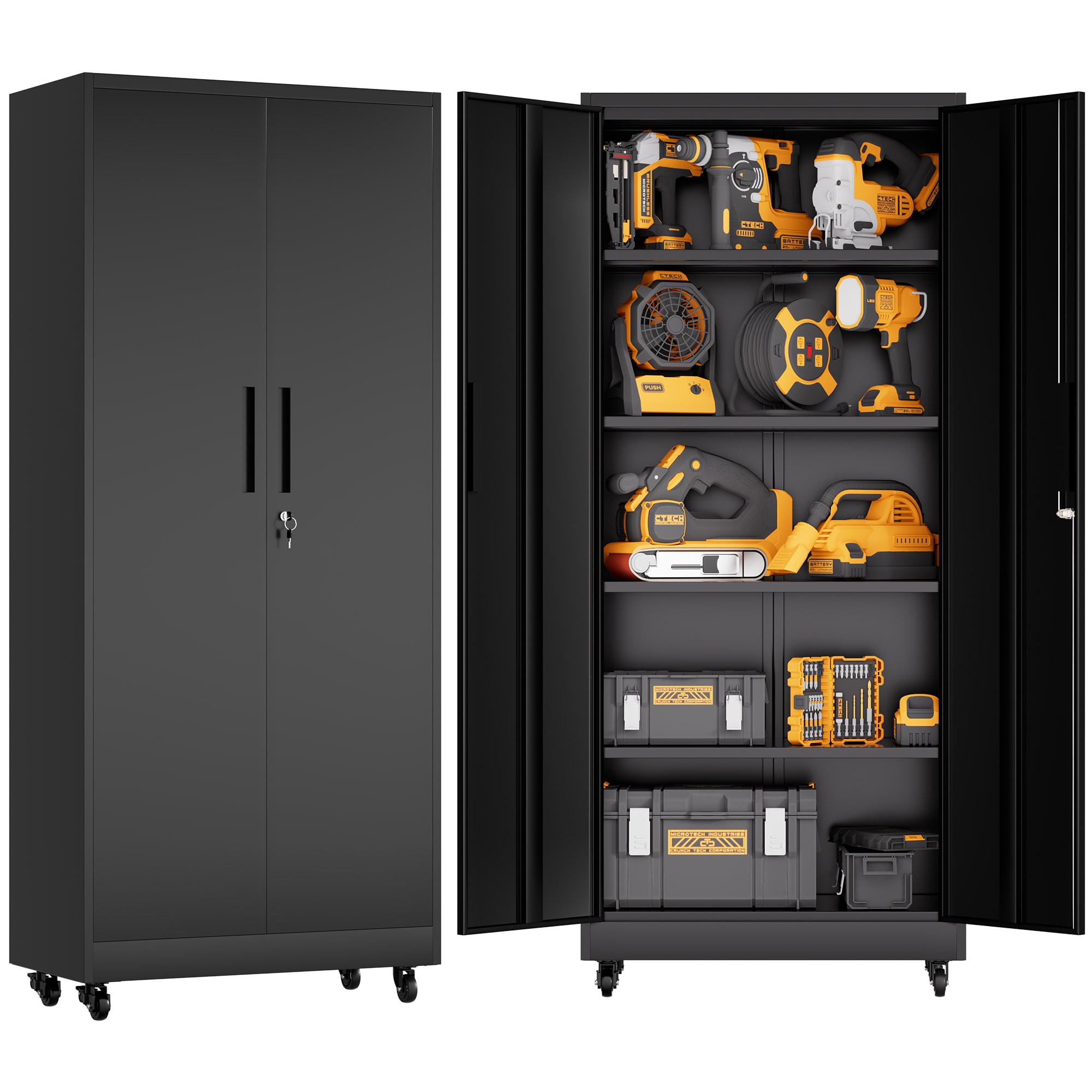 GDFStudio 71 inch Heavy Duty Rolling Metal Cabinet Garage Storage Cabinet with Wheels and Lock Tool Organization in Garage with Adjustable Shelves for Workshop Office Organizer for Home