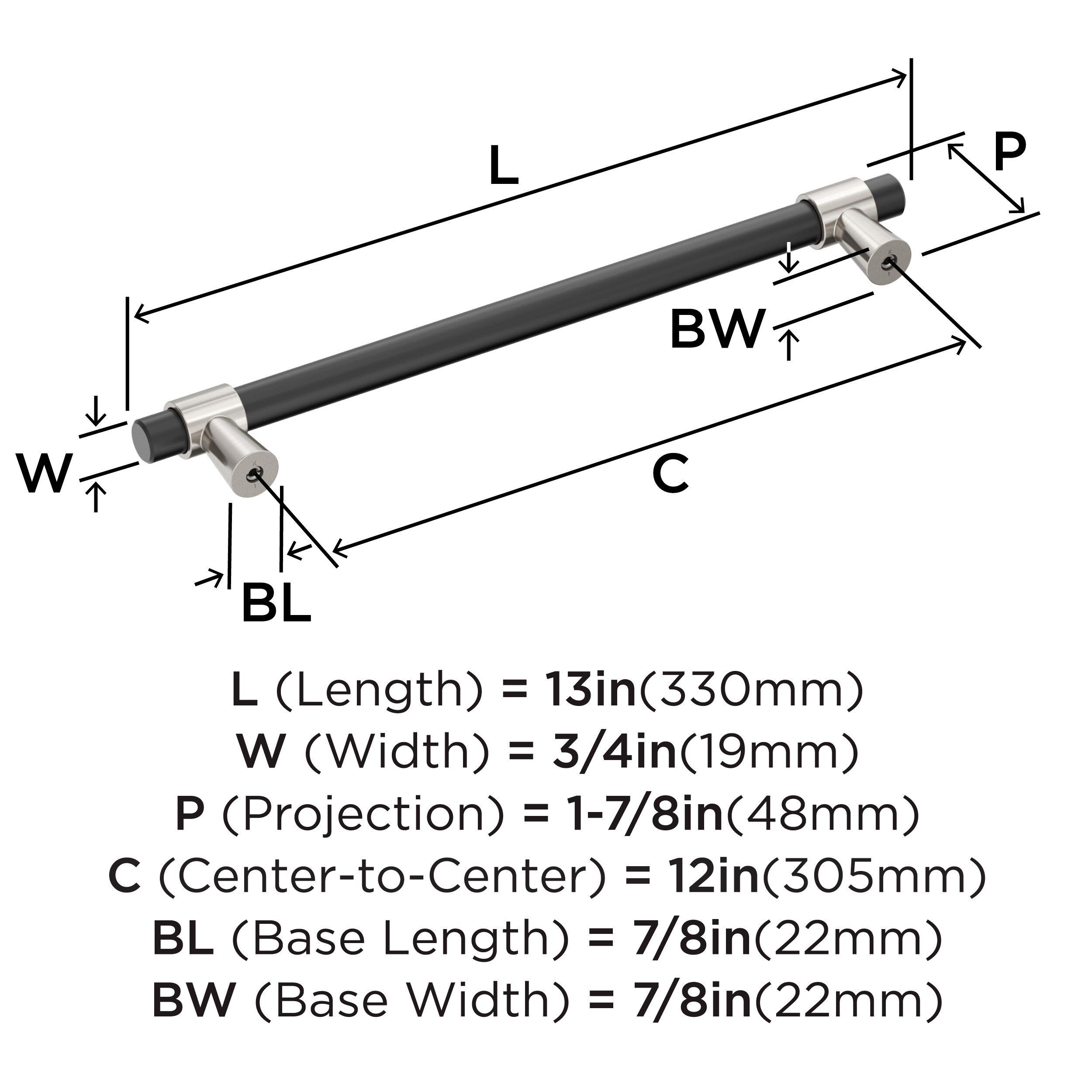 12-Inch Matte Black and Satin Nickel Modern Appliance Pull