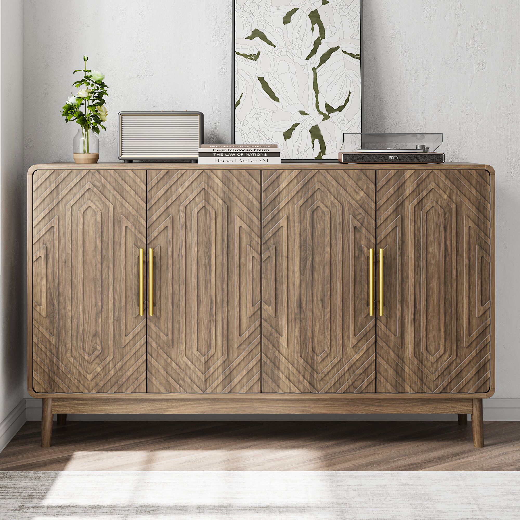 Tatayosi JL-312328 55 Inch Curved-Edge Sideboard with Gold Handles and Adjustable Shelves