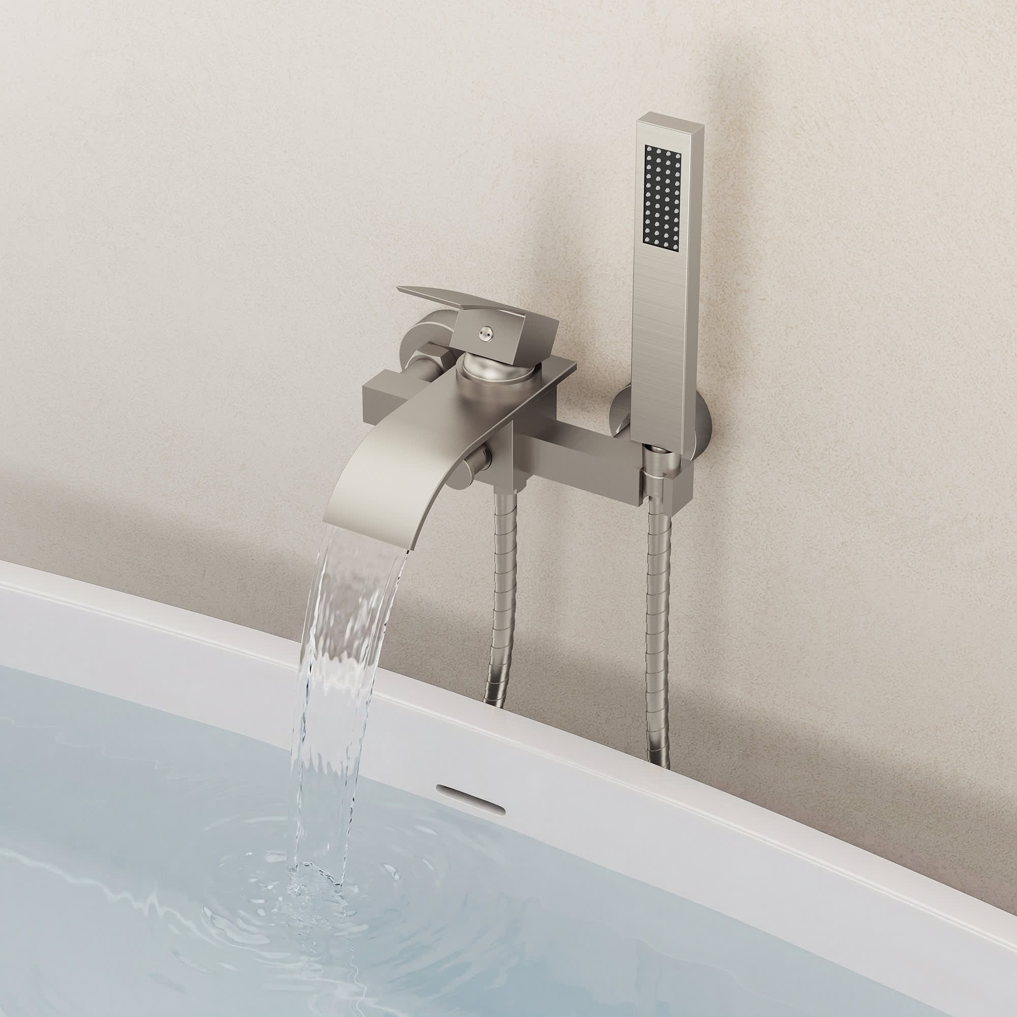 EVERSTEIN - Brushed Nickel Modern Wall-Mount Bathtub Faucet with Waterfall Spout and Handheld Shower