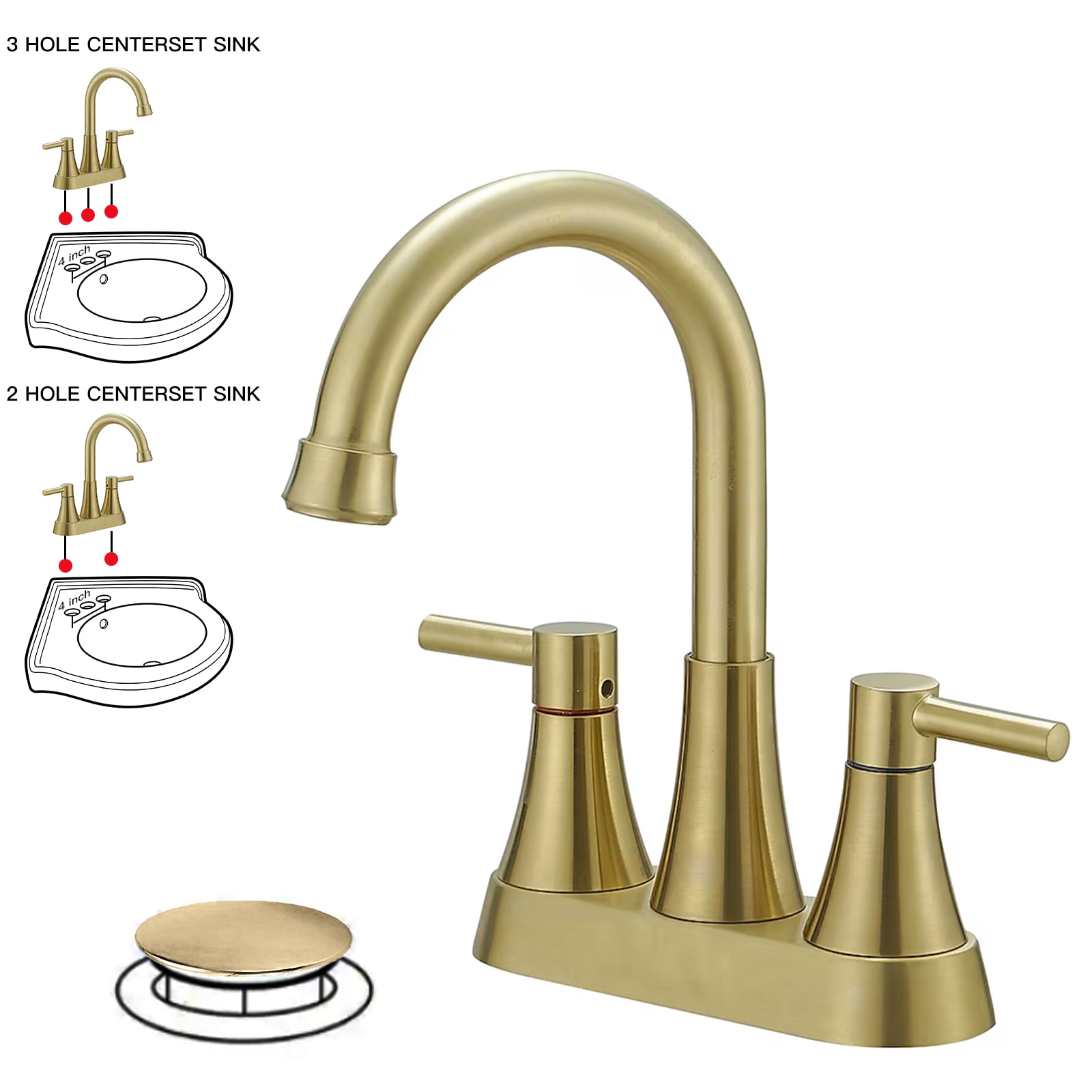 BWE A-92008-BG Brushed Gold 4-in centerset 2-handle WaterSense High-arc Commercial/Residential Handle Bathroom Sink Faucet with Drain