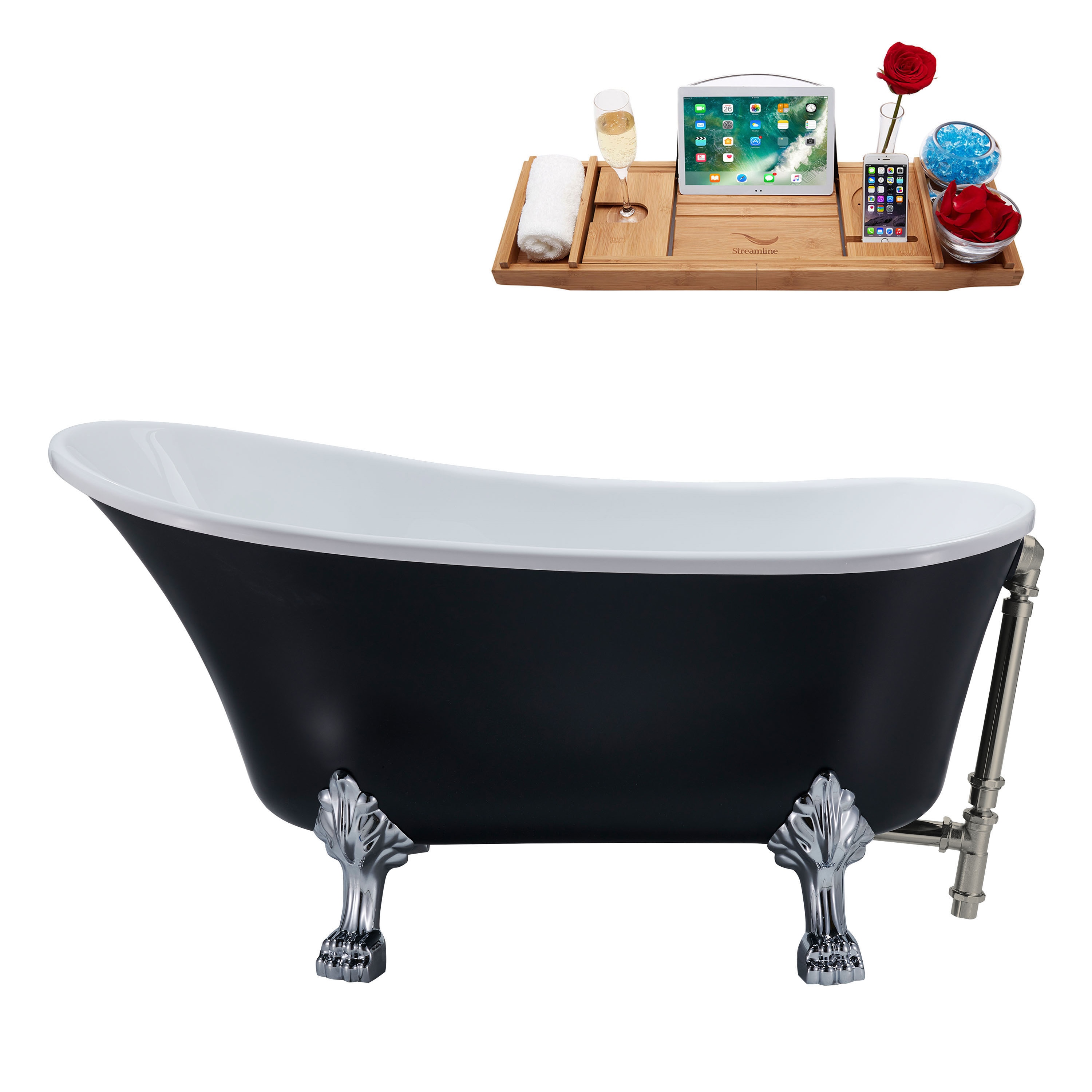 Streamline N357CH-BNK 26.8-in x 55.1-in Matte Black Acrylic Oval Clawfoot Soaking bathtub with Drain ( Reversible Drain )