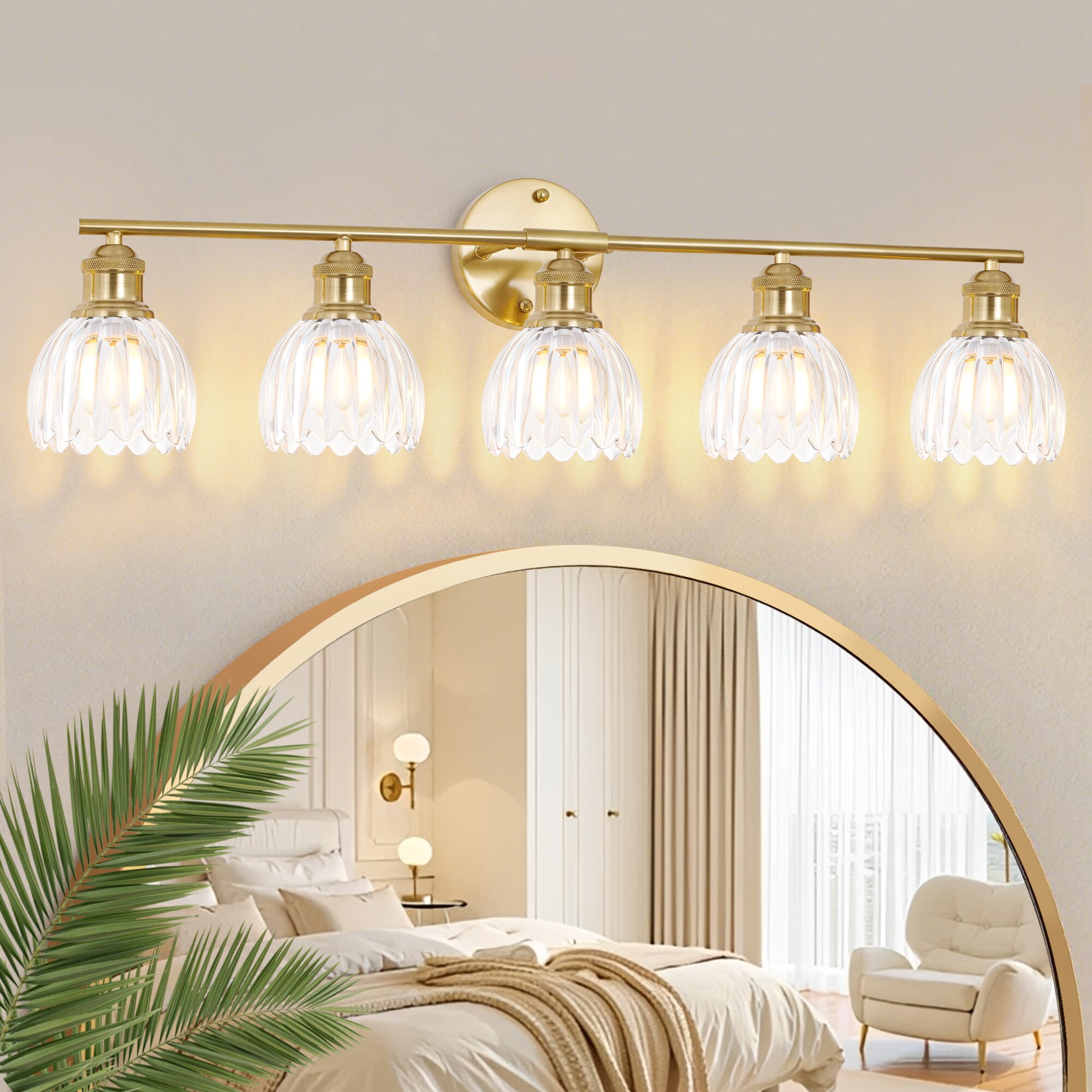 DAKAFUL 33-in 5 Light Gold Vintage Bathroom Vanity Light Fixture with Clear Tulip Glass Shade for Bedroom Living Room Foyer Hallway