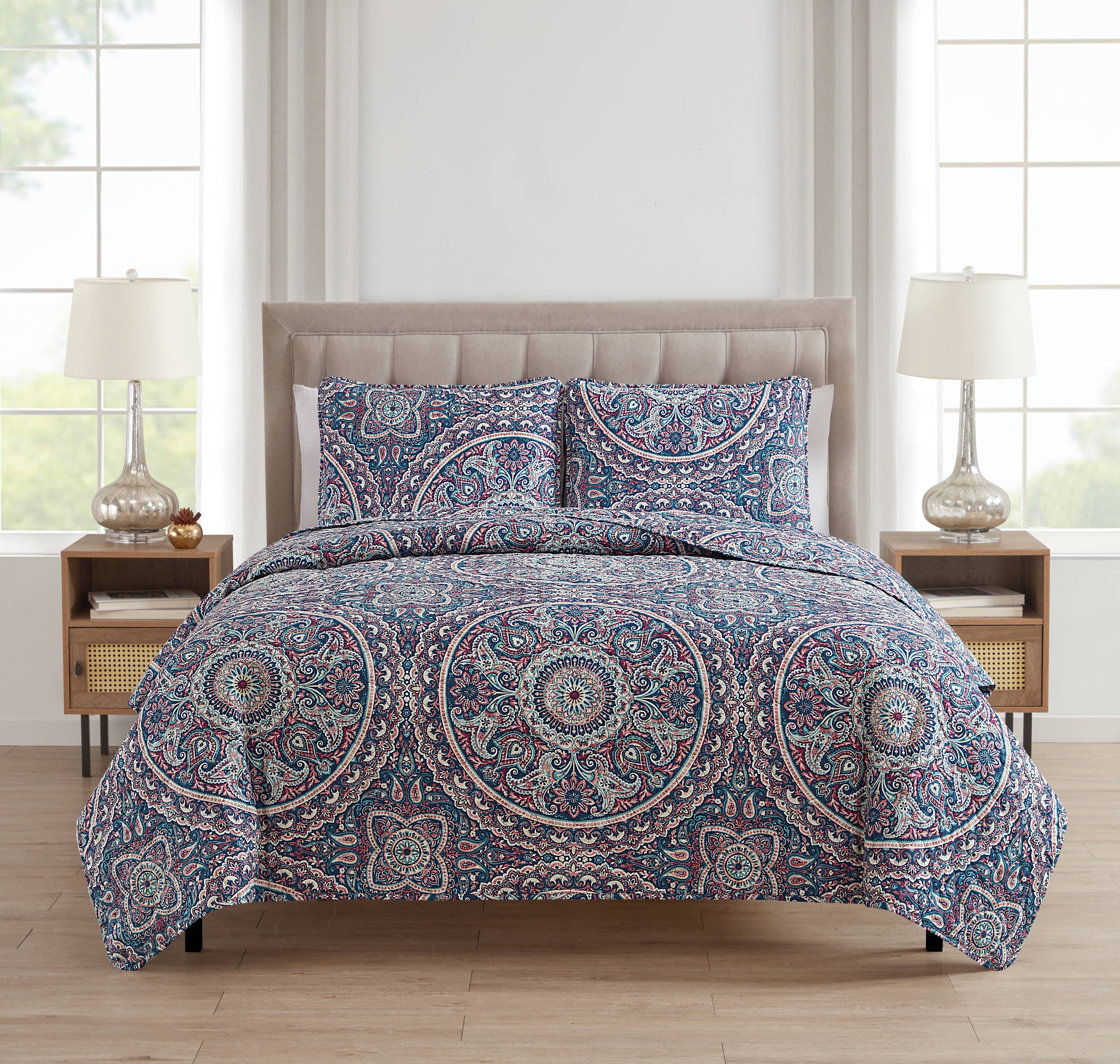 MHF Home Printed Quilt-Set 3-Piece Blue King Quilt Set in the Bedding ...