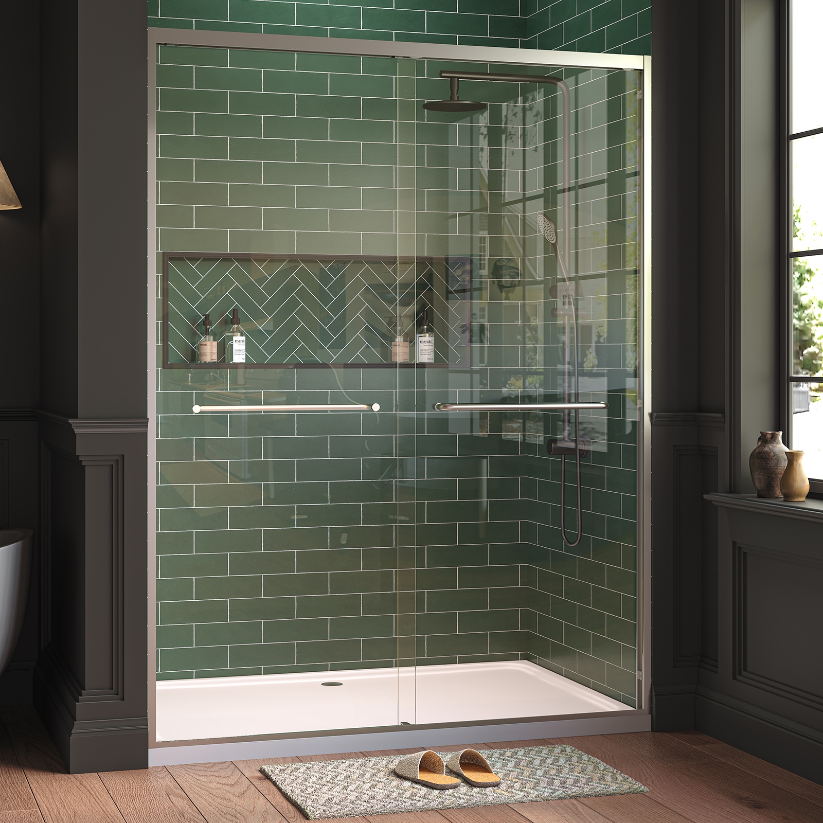 IdealHouse 56-60in W x 76in H Matte Silver Sliding Shower Door- 1/4in Tempered Glass Double Bypass Enclosure Trimmable Width Easy-Clean Coating