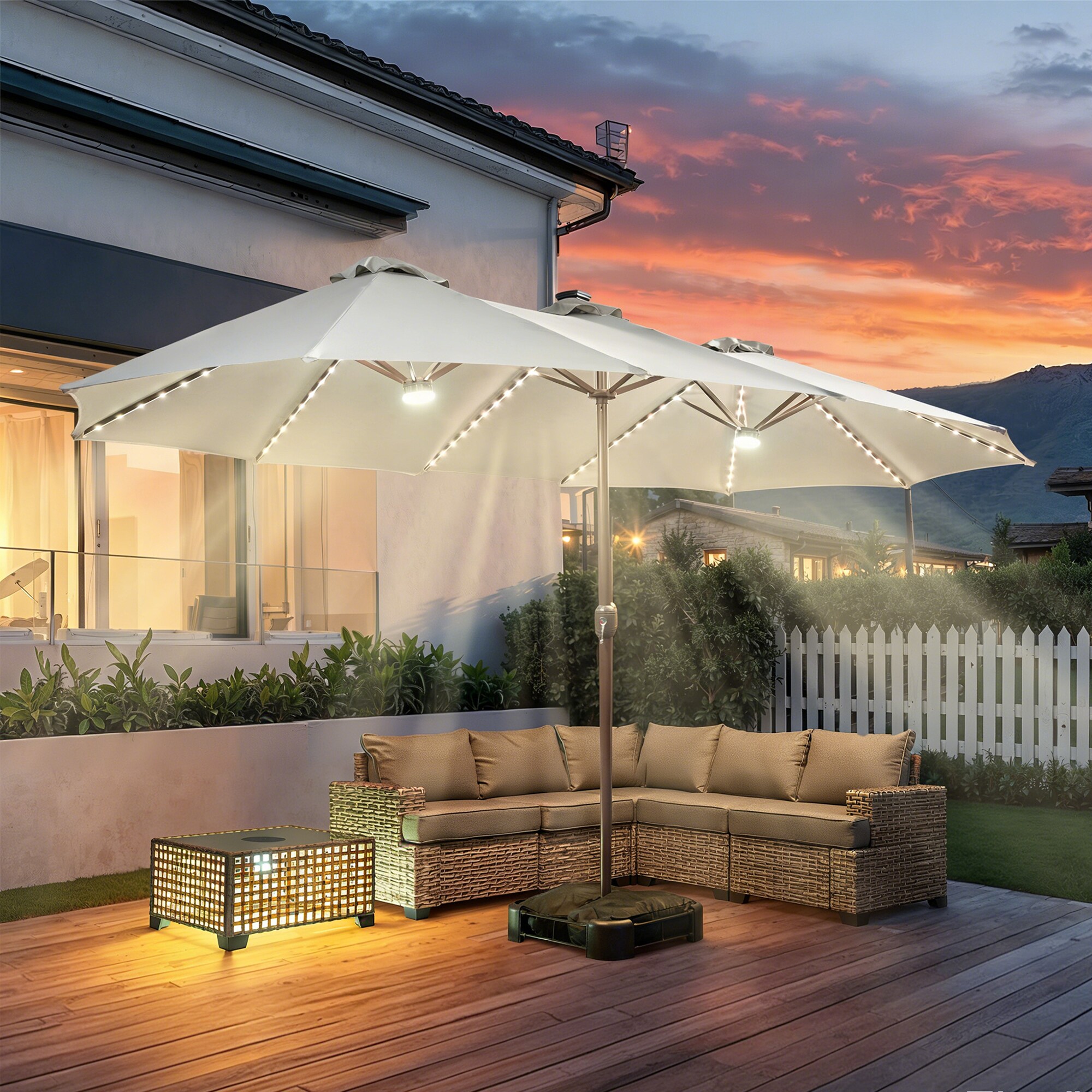 large patio umbrella with solar lights 15 ft 36 LED Light, Double Sided Rectangle Umbrella with Crank Handle for Patio, Backyard, Garden, Pool, without Base or enjoying the sun on the beach ABCCANOPY 15FT Double Sided Pool