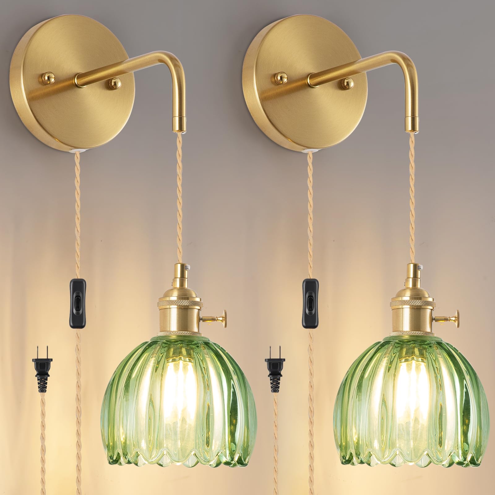 AOIZGMY  Plug In Wall Sconce Set of 2 Vintage Decorative Lamp with Green Glass Shade for Bedroom Living Room Bathroom Hallway