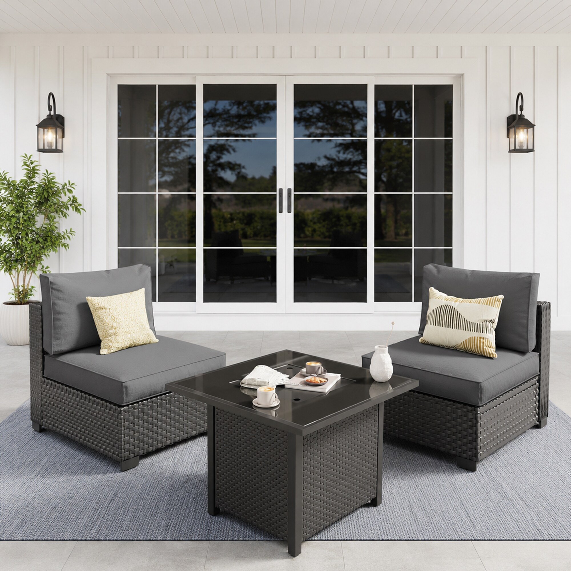 HYALON 2-Piece Wicker Outdoor Patio Conversation Sectional Seating Set with Middle Chairs and Dark Gray Cushions