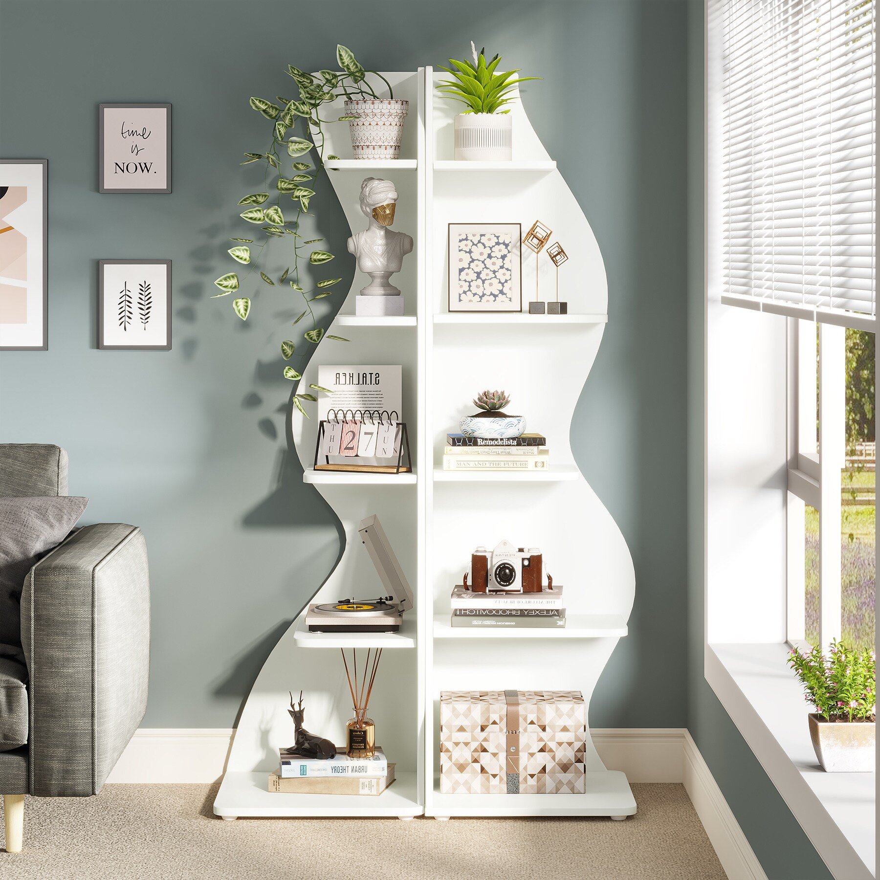 Tribesigns Seagrass-Like Design White MDF 5 -Shelf Corner Bookcase ( 19.68-in W x 71.85-in H x 19.68-in D ) Painted
