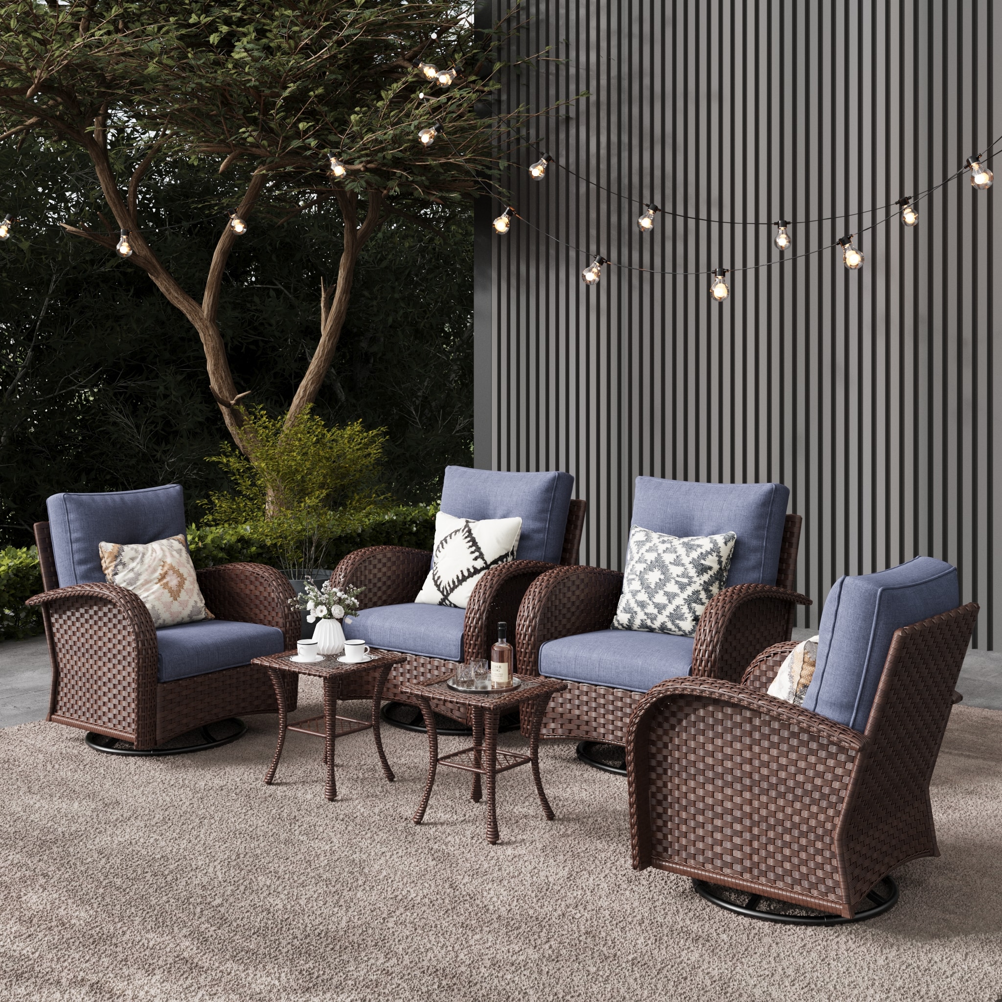 LayinSun BYT7005A-BRNAVY-6P 6 -Piece Outdoor Rattan Patio Conversation Set with Navy Cushions