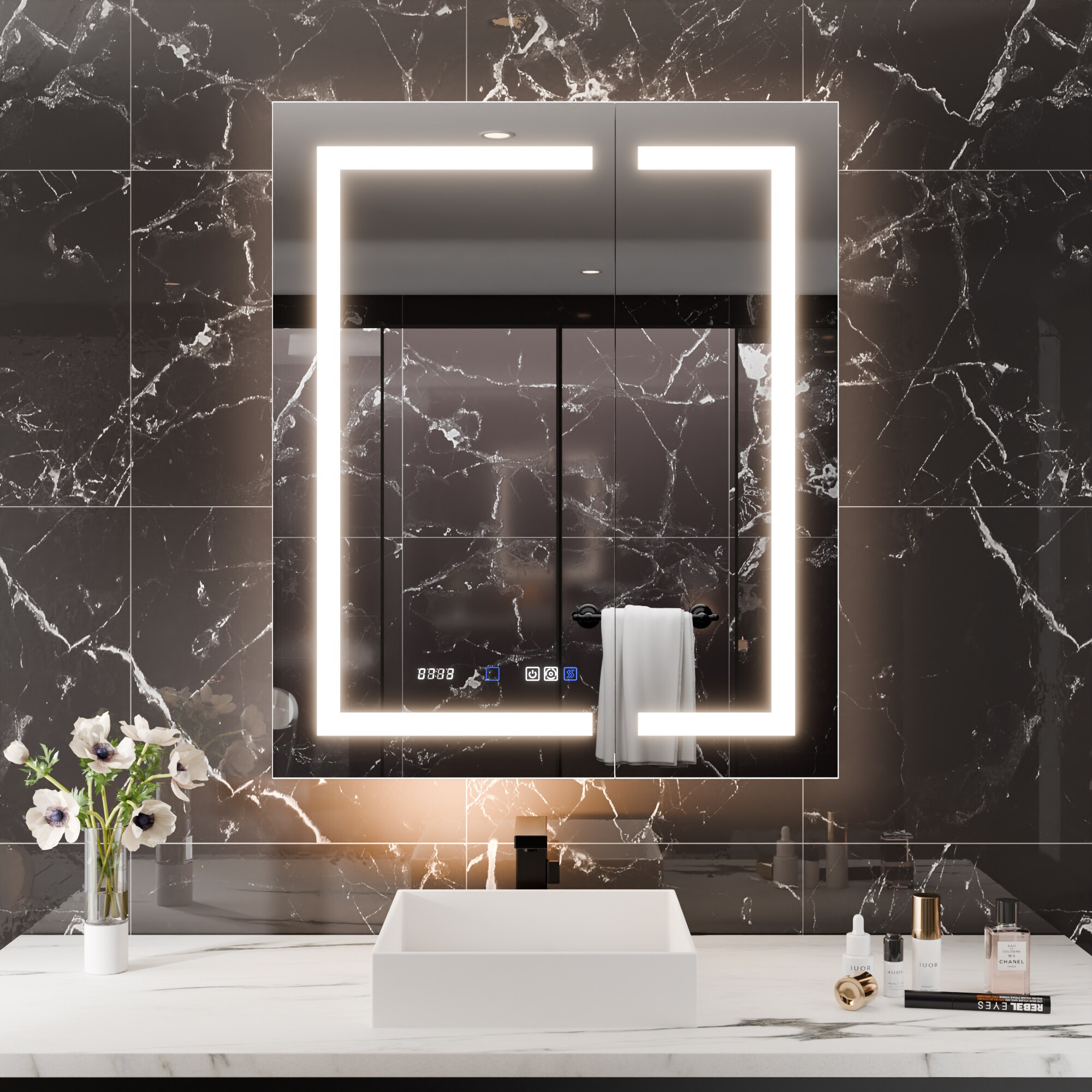AAZJ EX11 30-in x 36-in Lighted LED Fog Free Surface/Recessed Mount Silver Mirrored Soft Close Medicine Cabinet