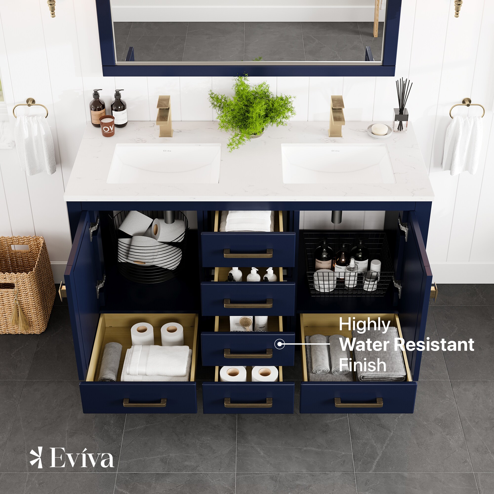 London 54" Blue Solid Wood Double Sink Bathroom Vanity with Quartz Top